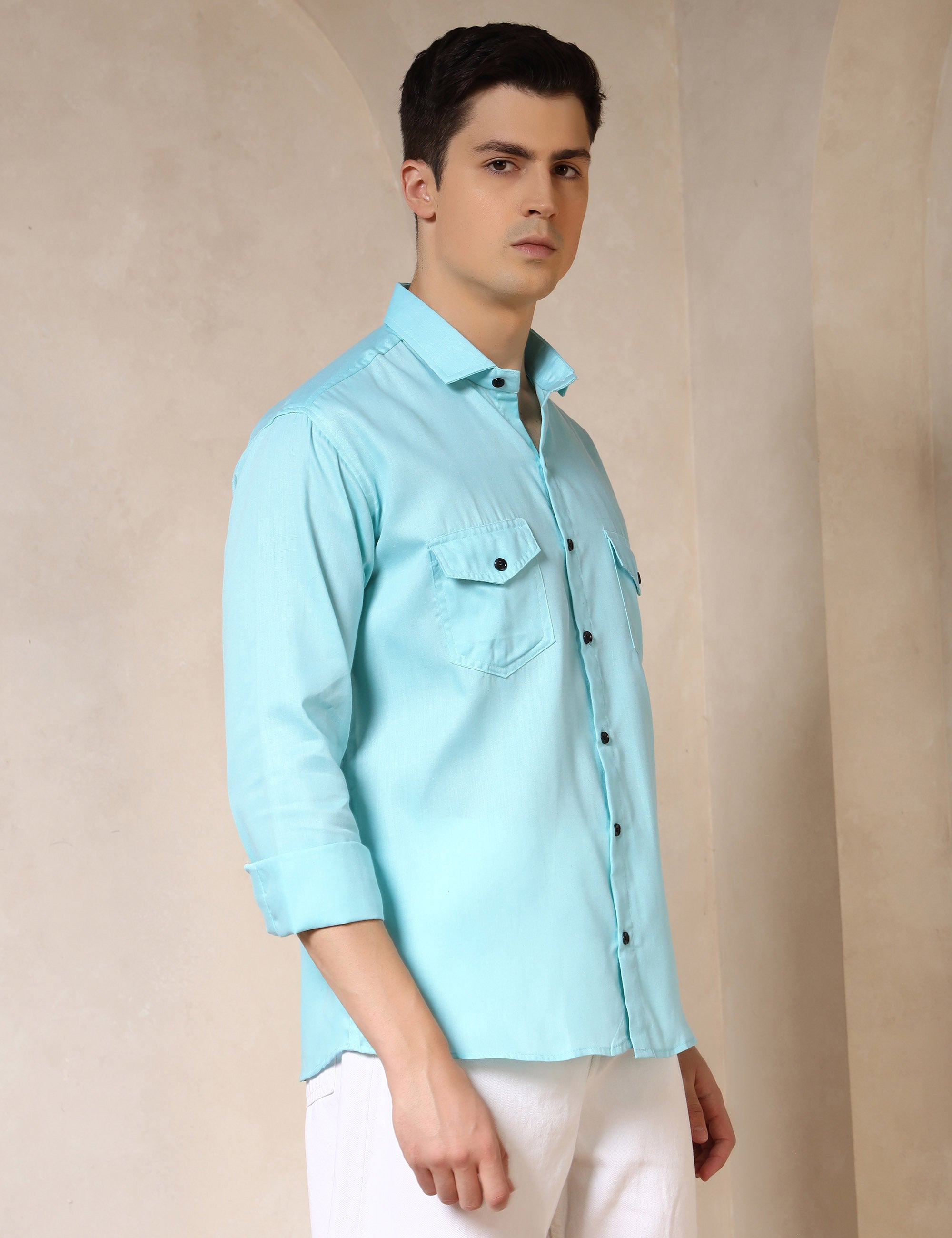 Classic Sea Green Dual Pocket Cotton Blend Shirt