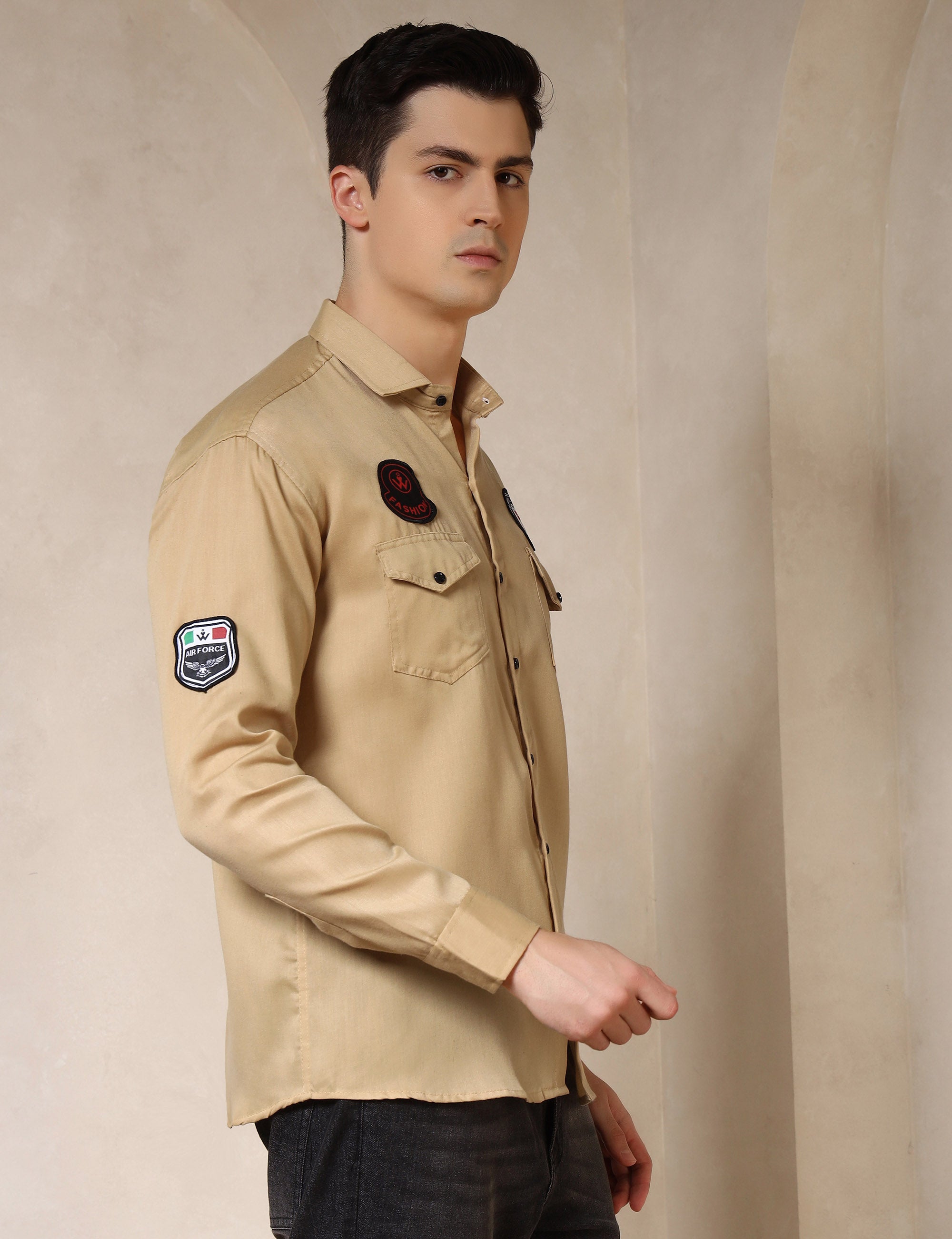 Urban Style Embroidery Patch Ochre Yellow Cotton Blend Shirt