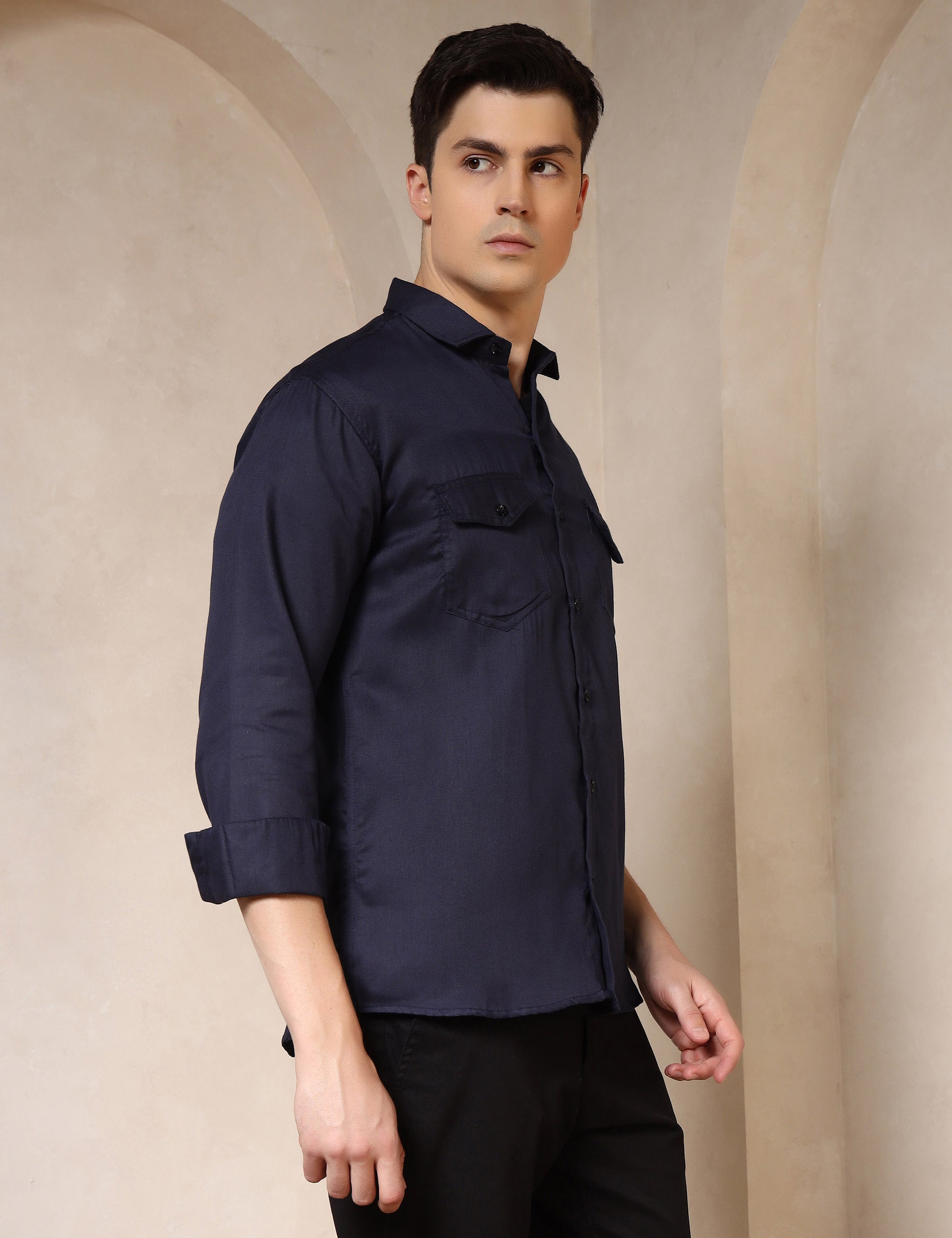 Classic Navy Blue Dual Pocket Cotton Blend Shirt