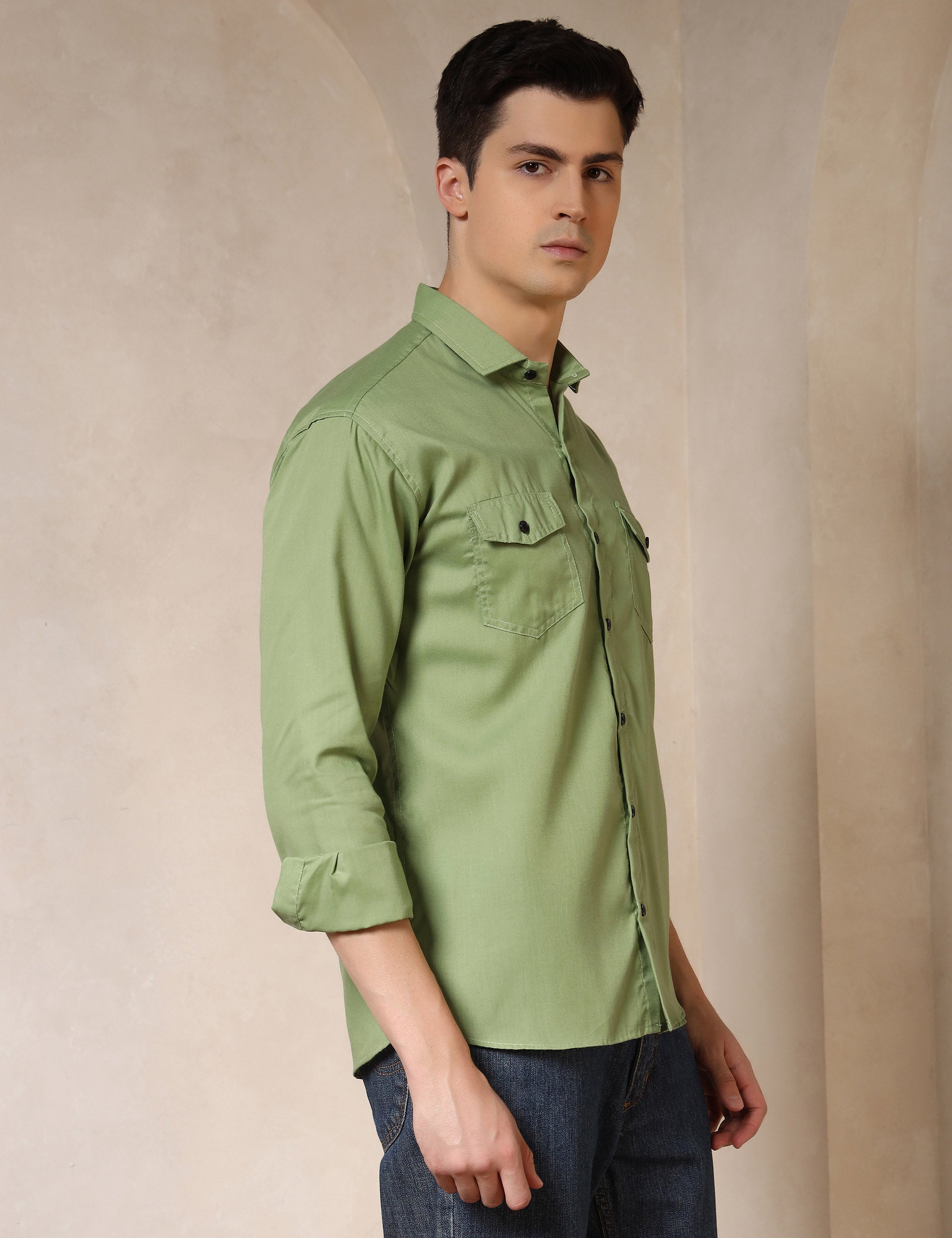 Classic Light Green Dual Pocket Cotton Blend Shirt