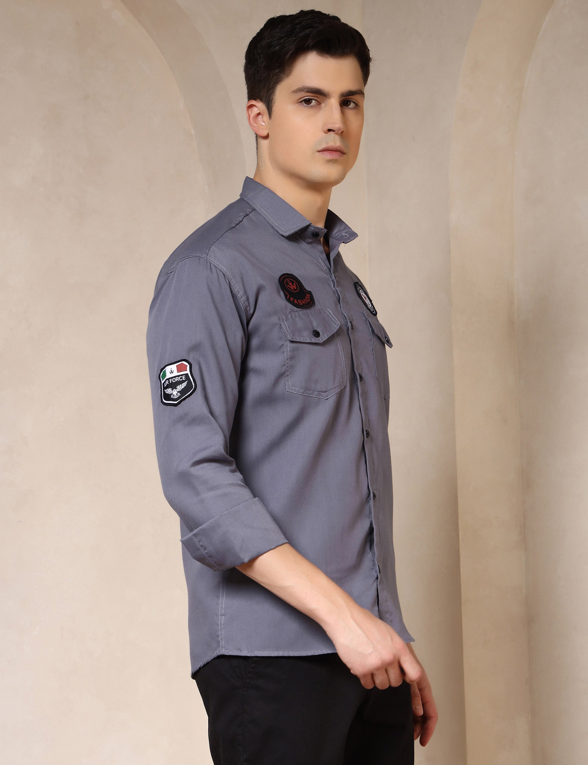 Urban Style Embroidery Patch Grey Cotton Blend Shirt