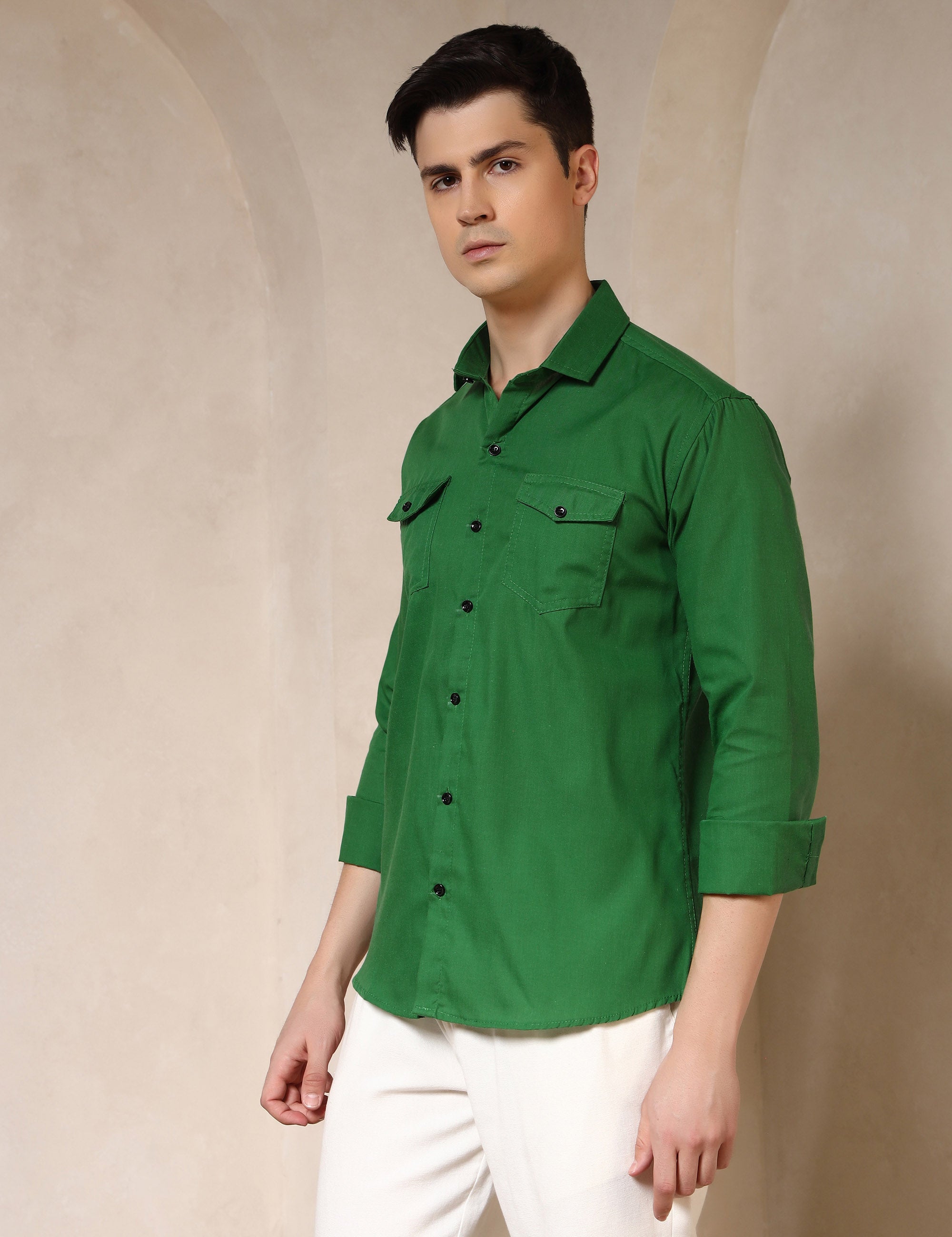 Classic Bright Green Dual Pocket Cotton Blend Shirt