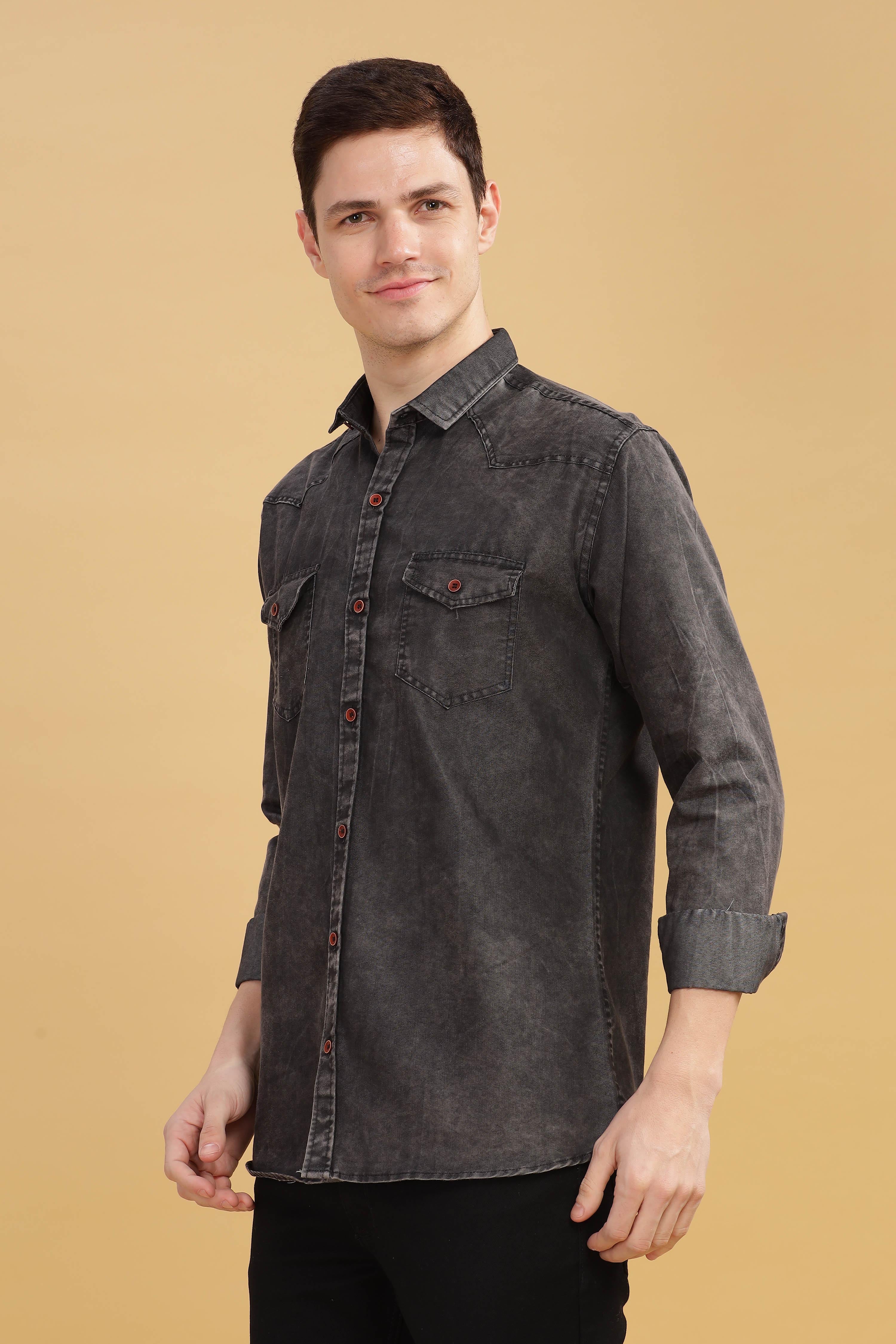 Men’s Washed Black Denim Utility Shirt
