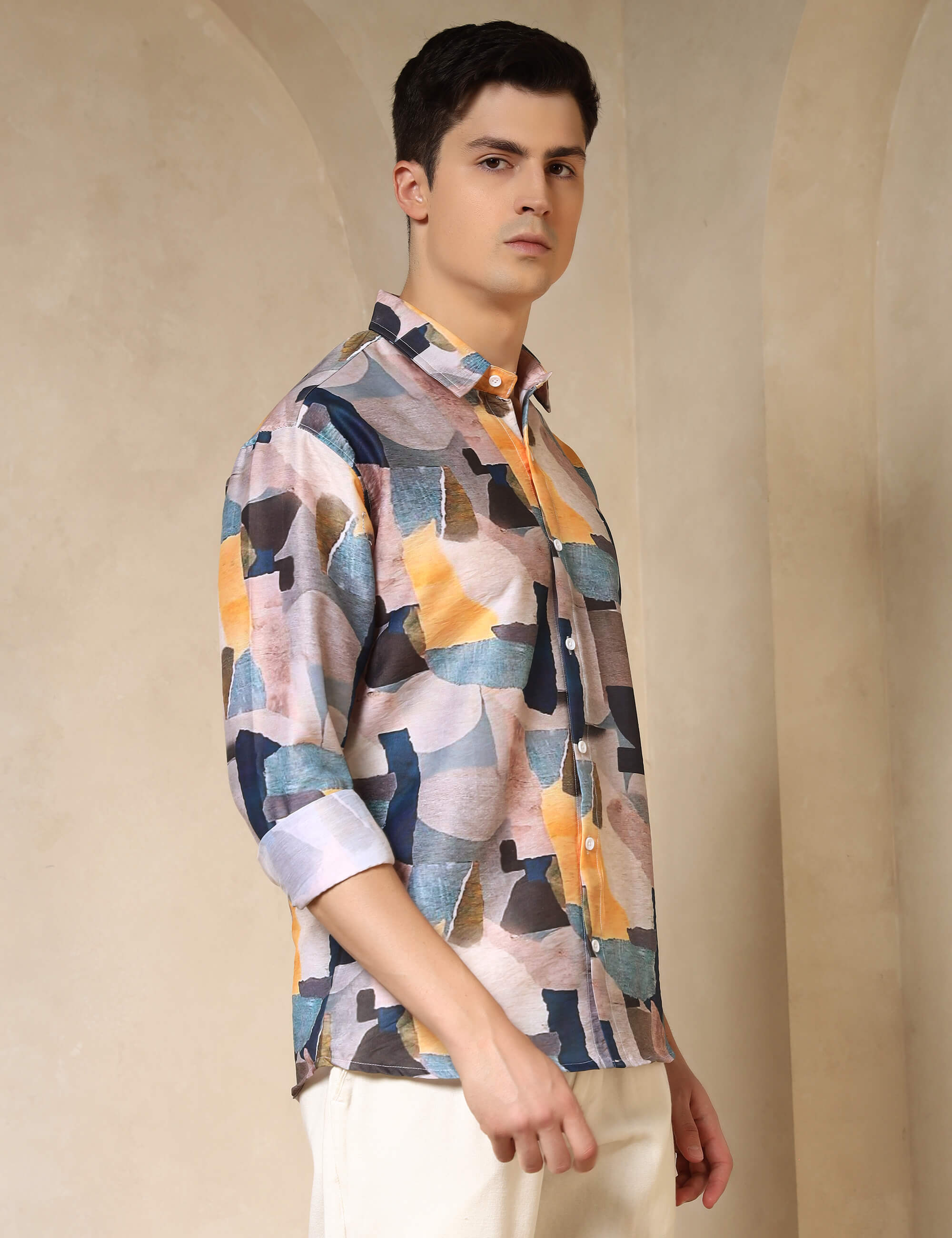 Abstract Brushstroke Printed Cotton Blend Casual Shirt