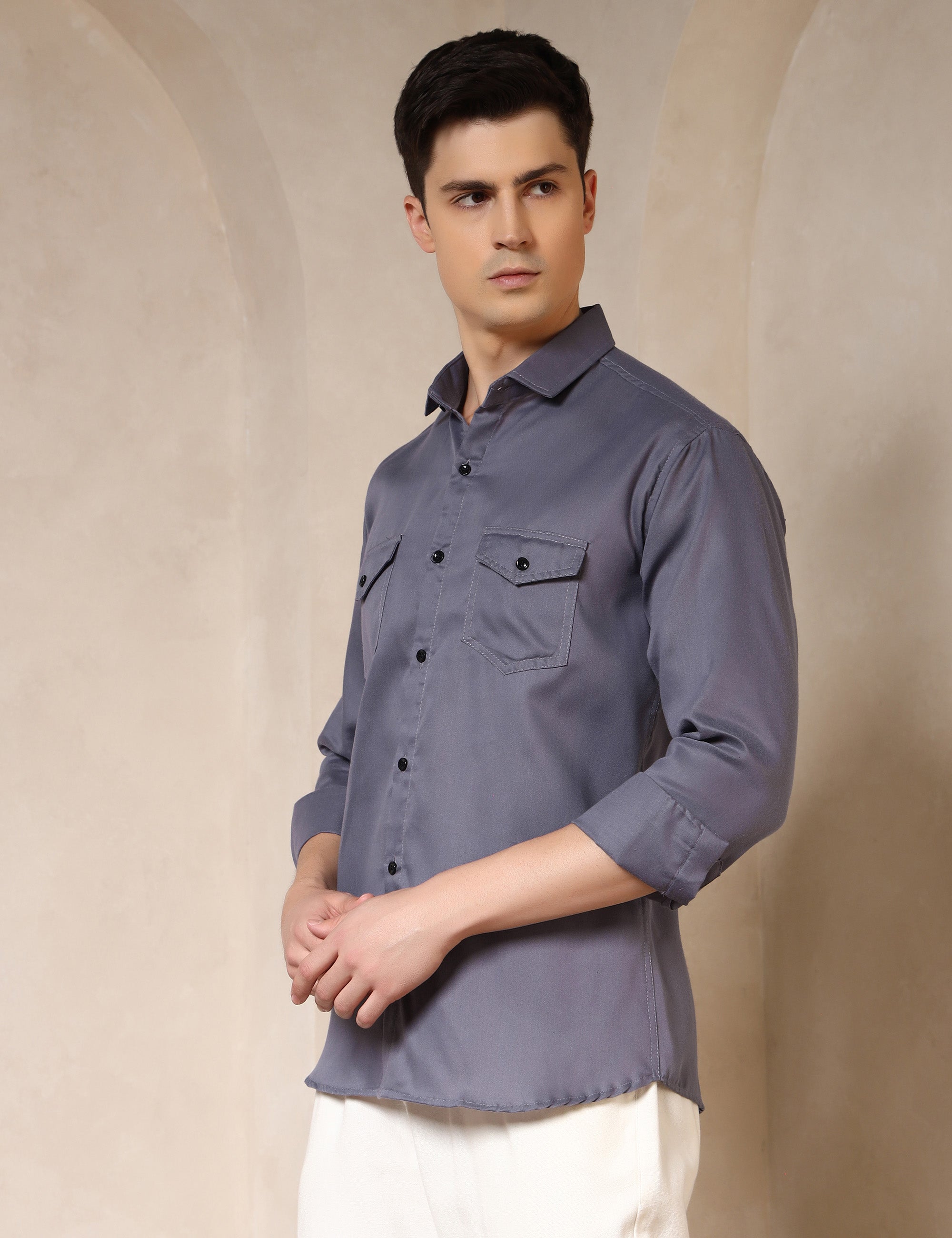 Classic Grey Dual Pocket Cotton Blend Shirt