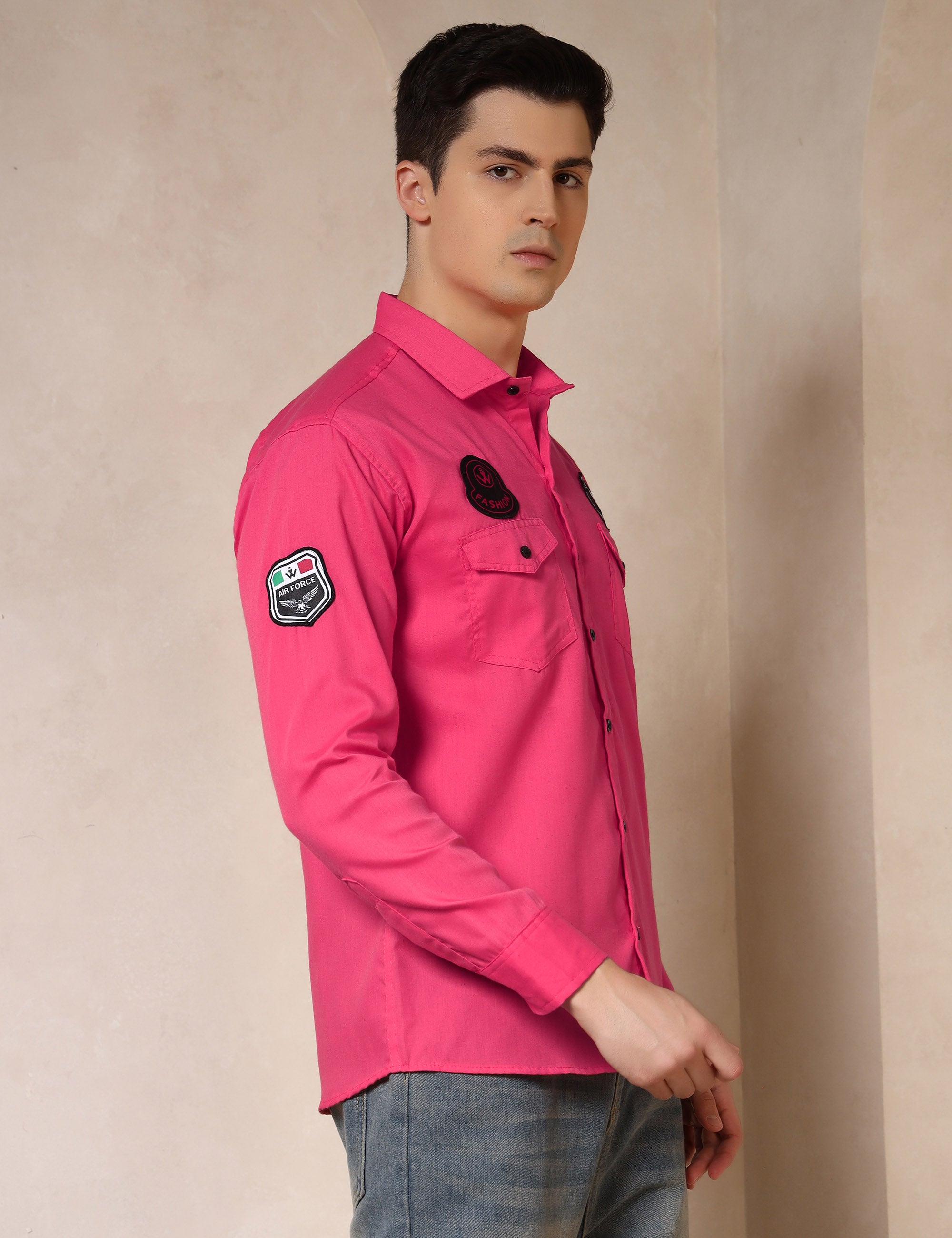 Urban Style Embroidery Patch Pink Cotton Blend Shirt
