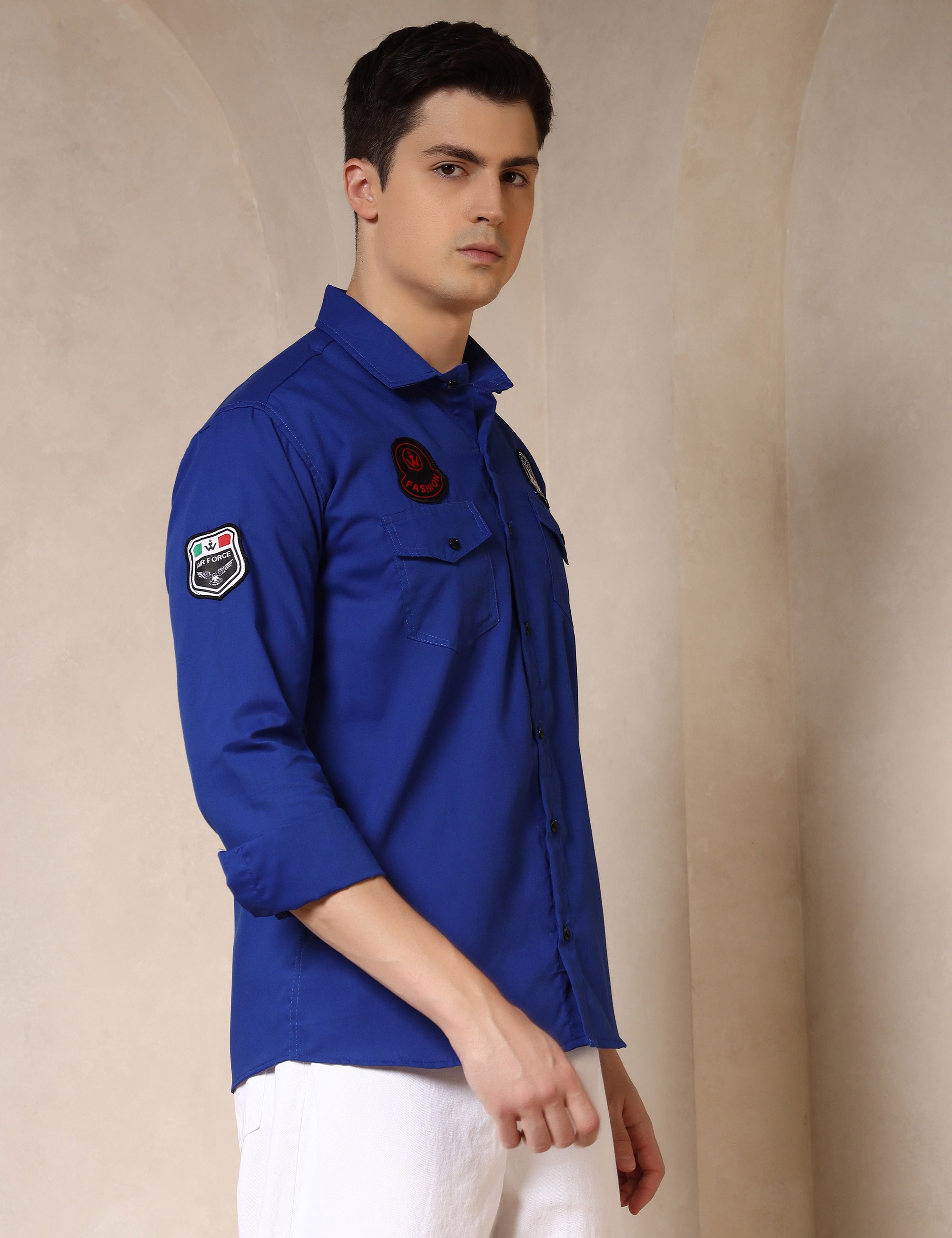 Urban Style Embroidery Patch Royal Blue Cotton Blend Shirt