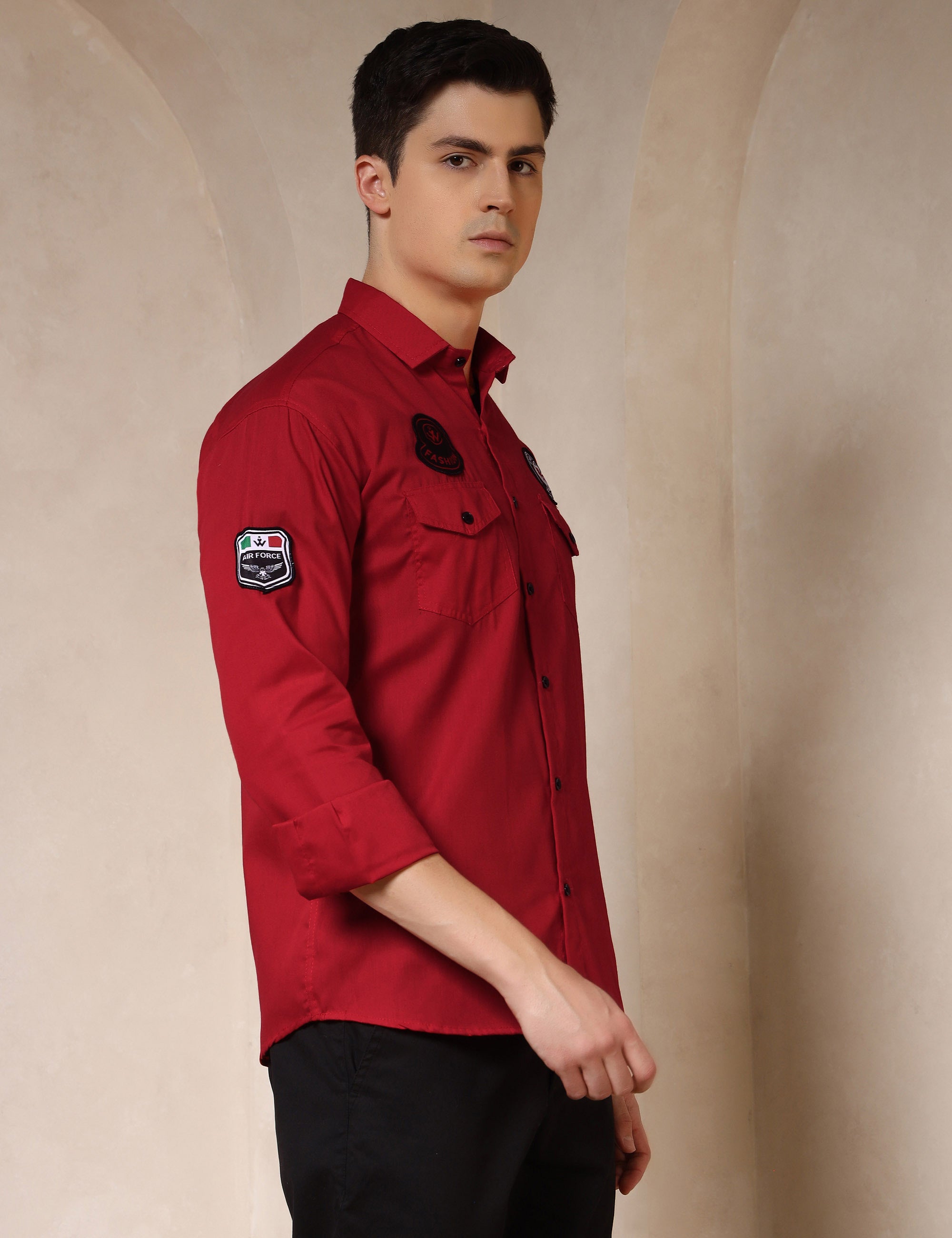 Urban Style Embroidery Patch Red Cotton Blend Shirt