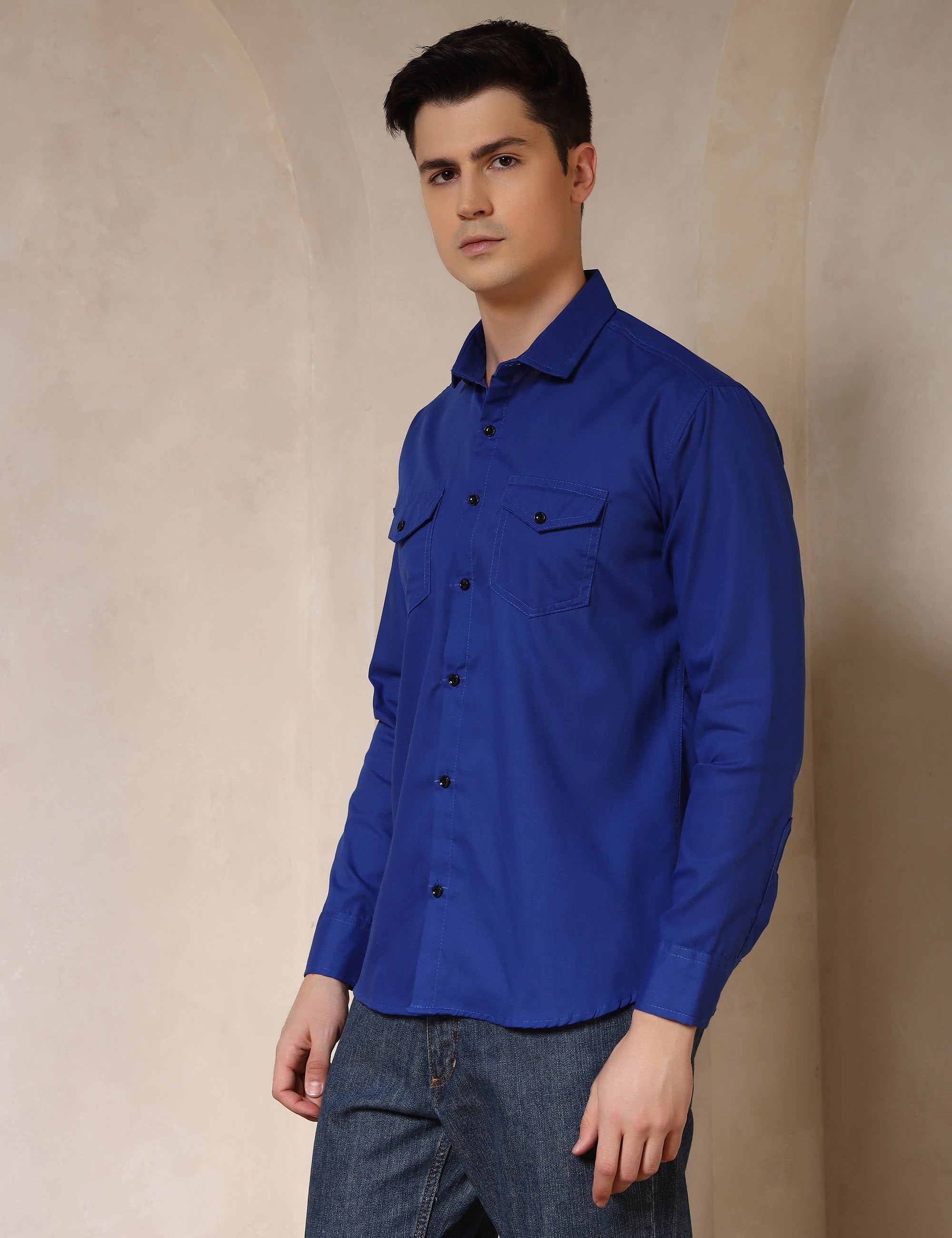 Classic Royal Blue Dual Pocket Cotton Blend Shirt