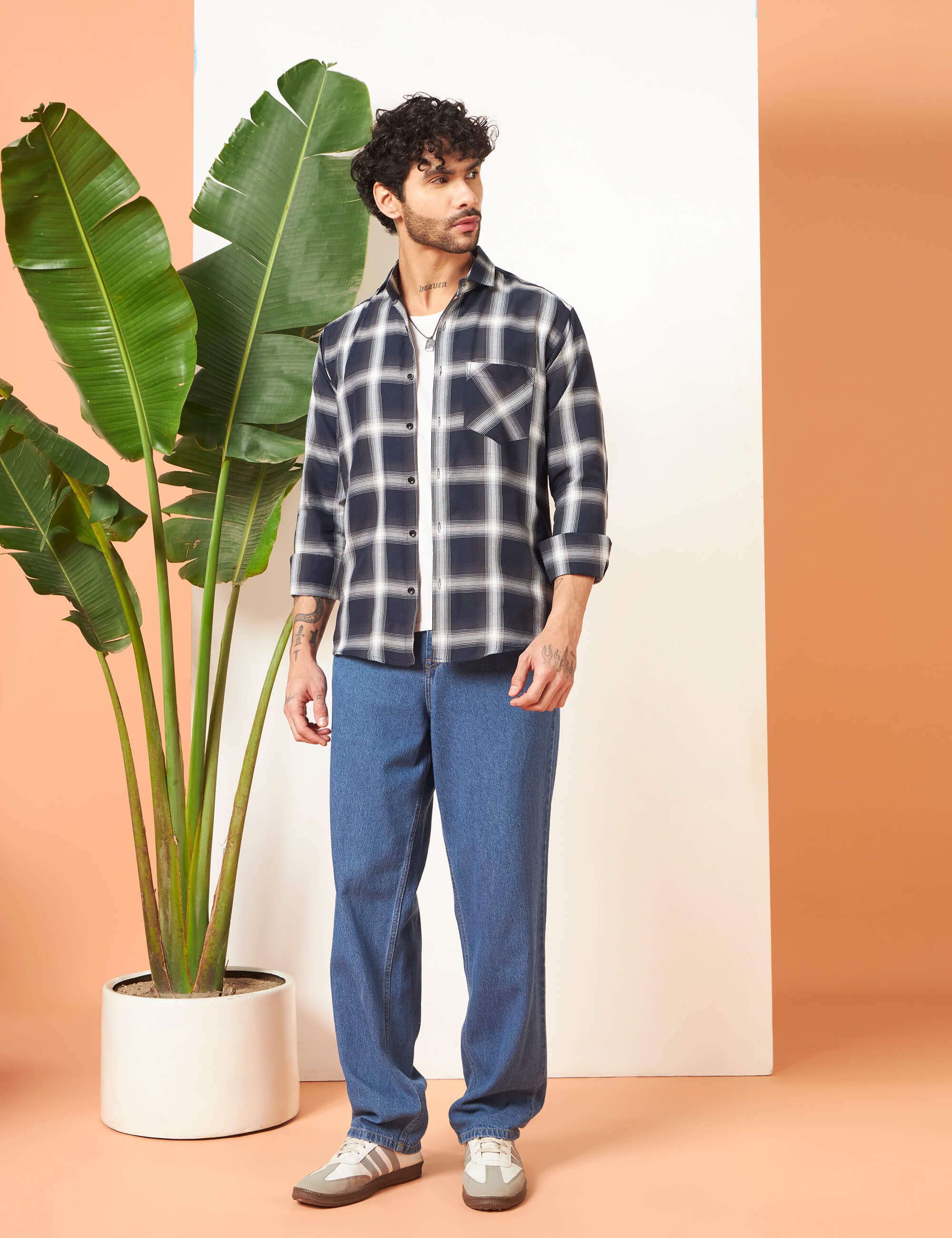 Urban Grid Navy Cotton-Blend Shirt