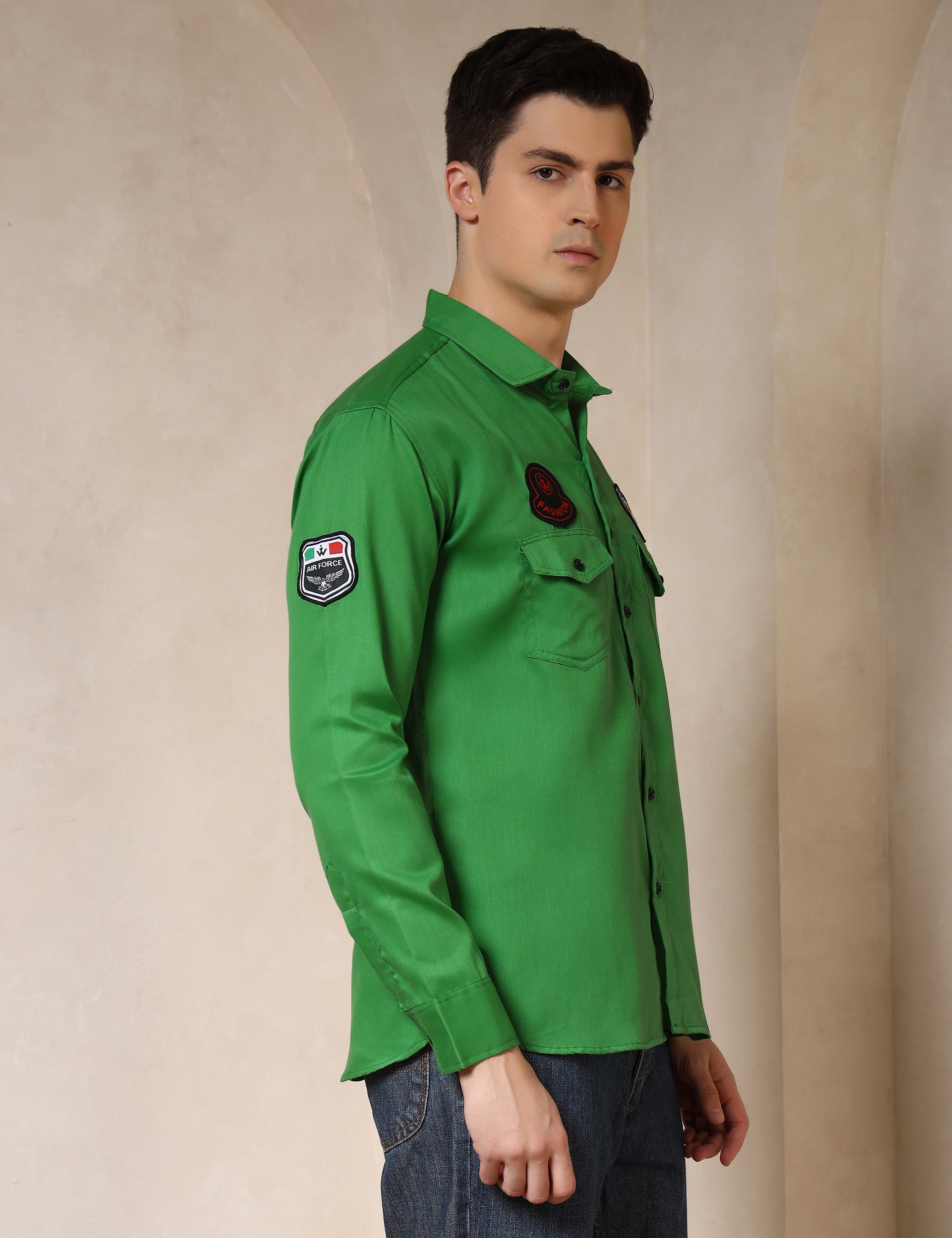 Urban Style Embroidery Patch Bright Green Cotton Blend Shirt