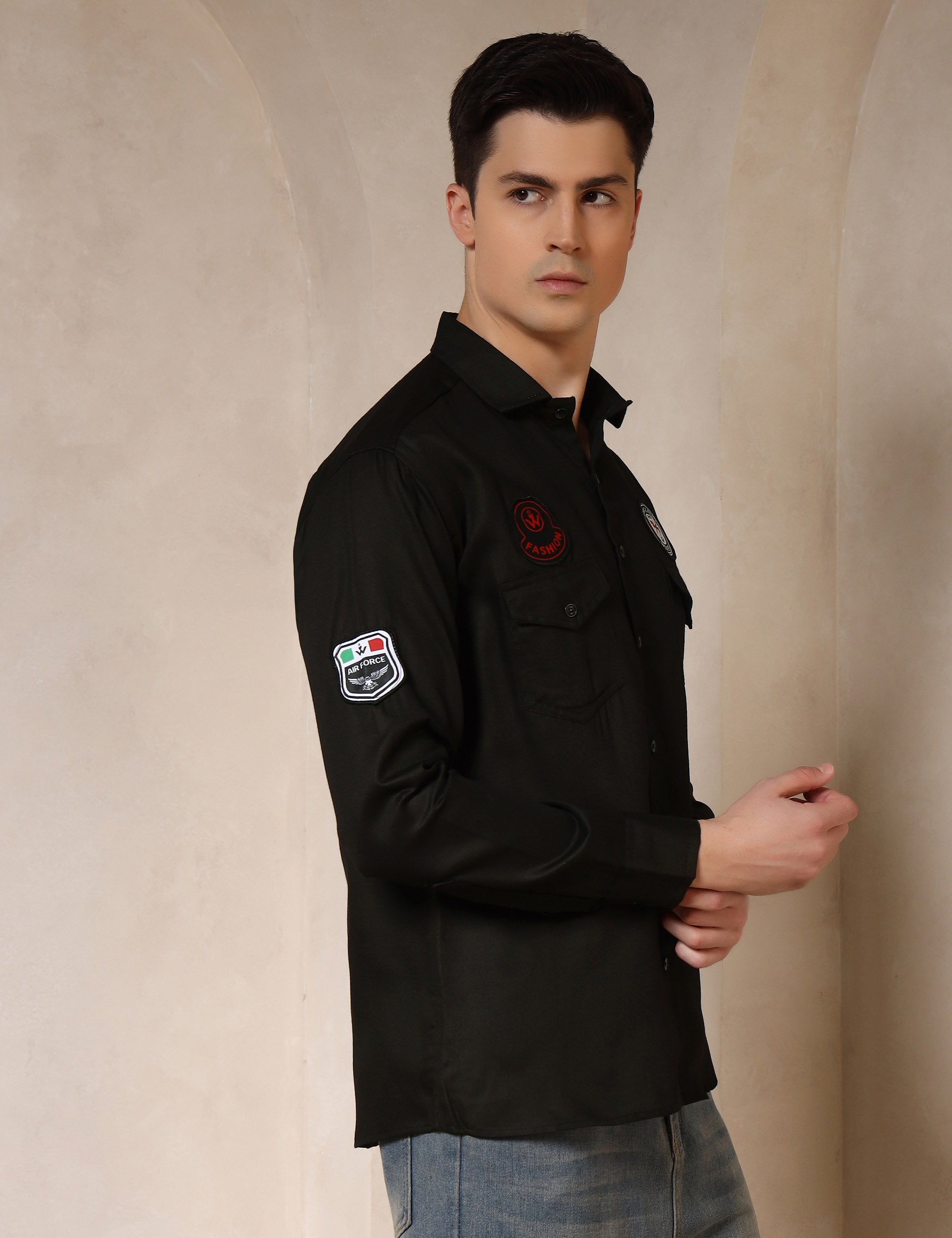 Urban Style Embroidery Patch Black Cotton Blend Shirt