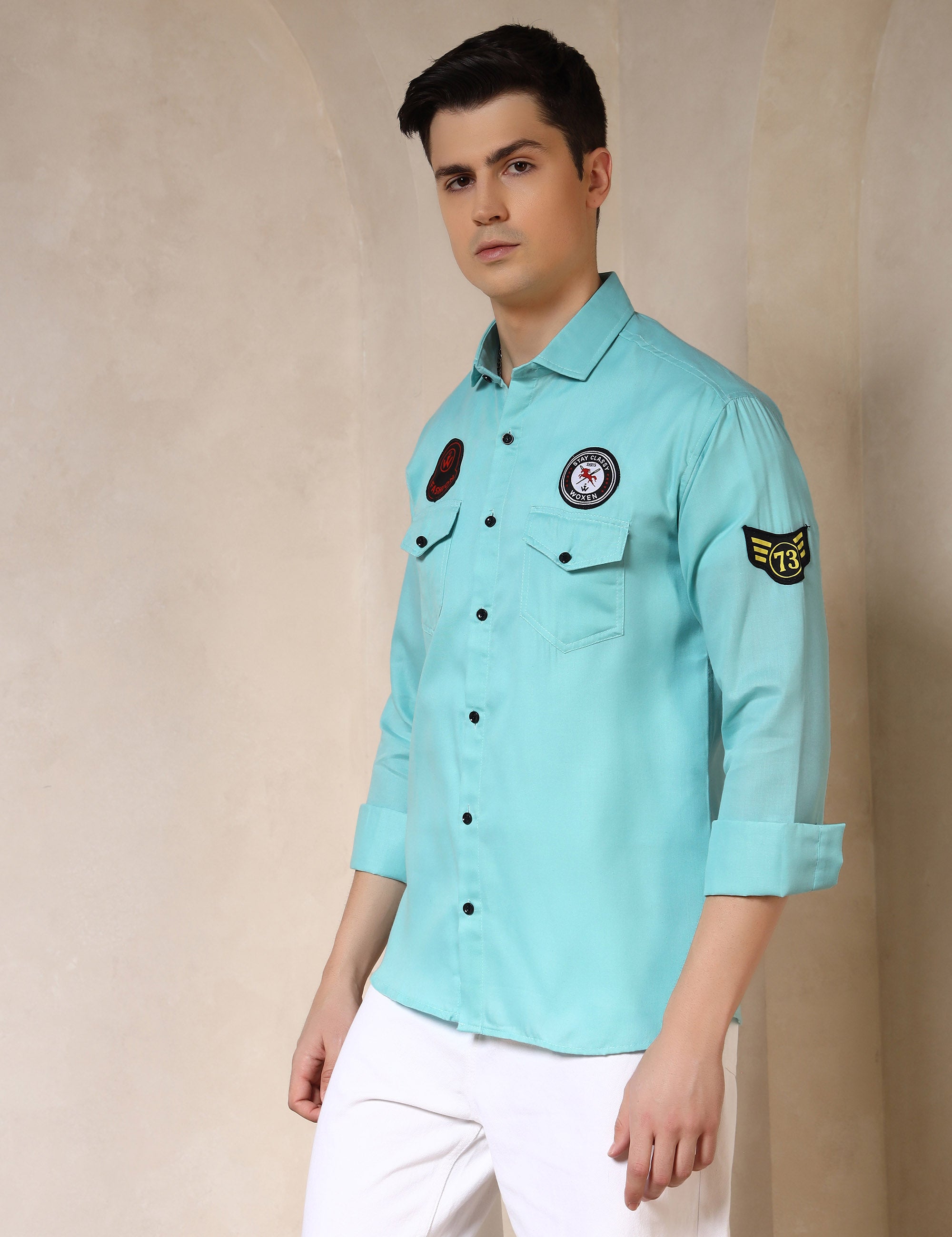 Urban Style Embroidery Patch Sea Green Cotton Blend Shirt