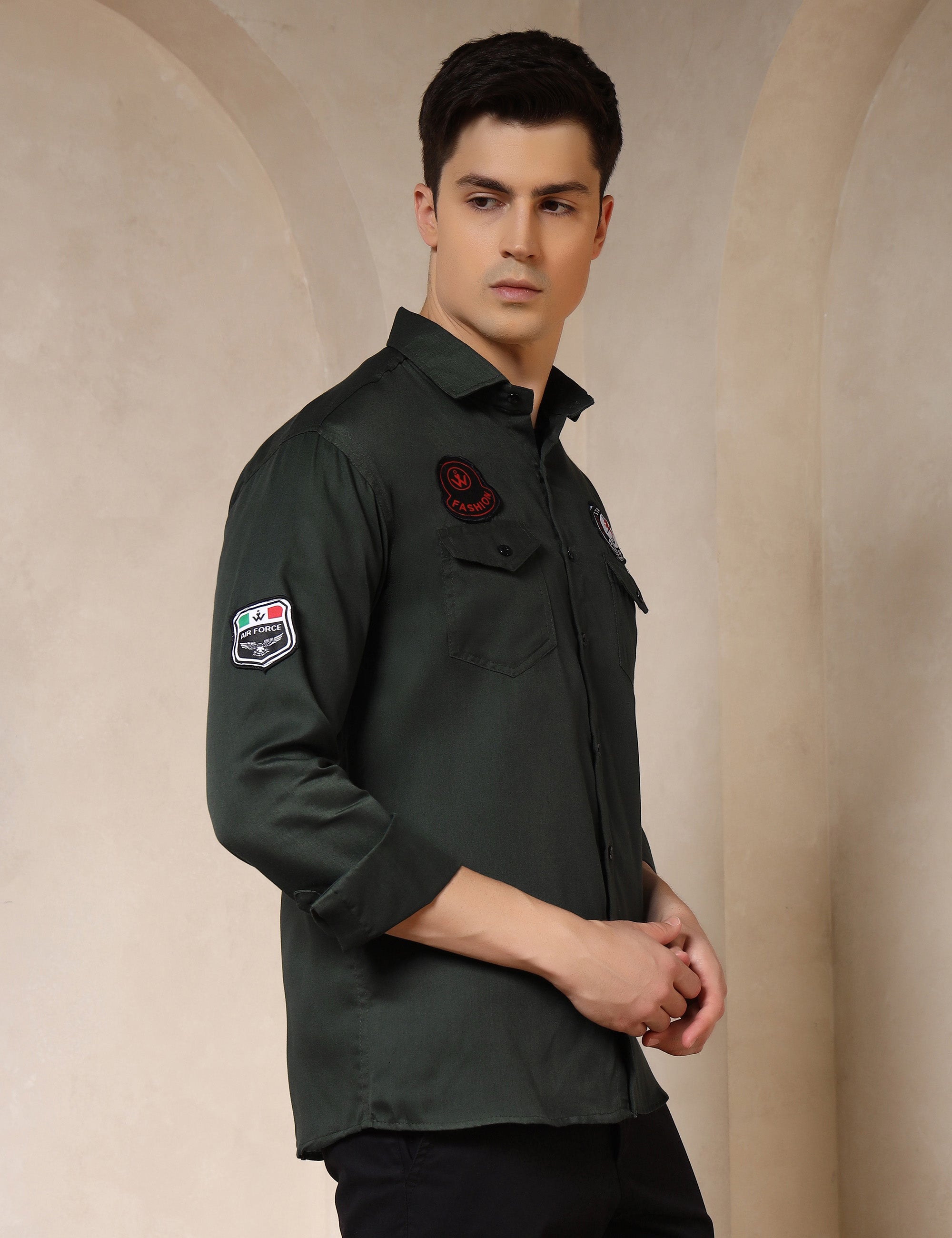 Urban Style Embroidery Patch Olive Green Cotton Blend Shirt