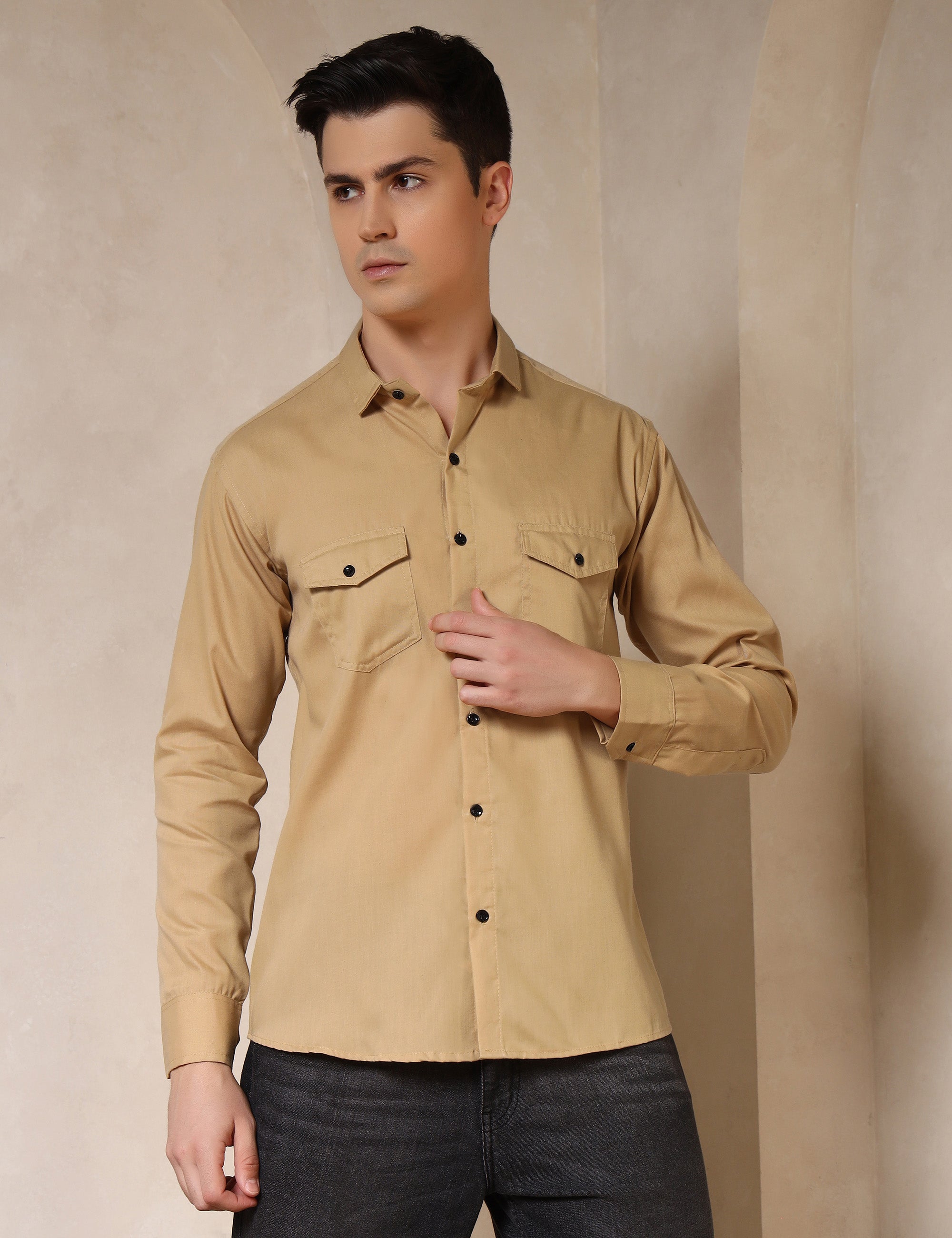 Classic Ochre Yellow Dual Pocket Cotton Blend Shirt