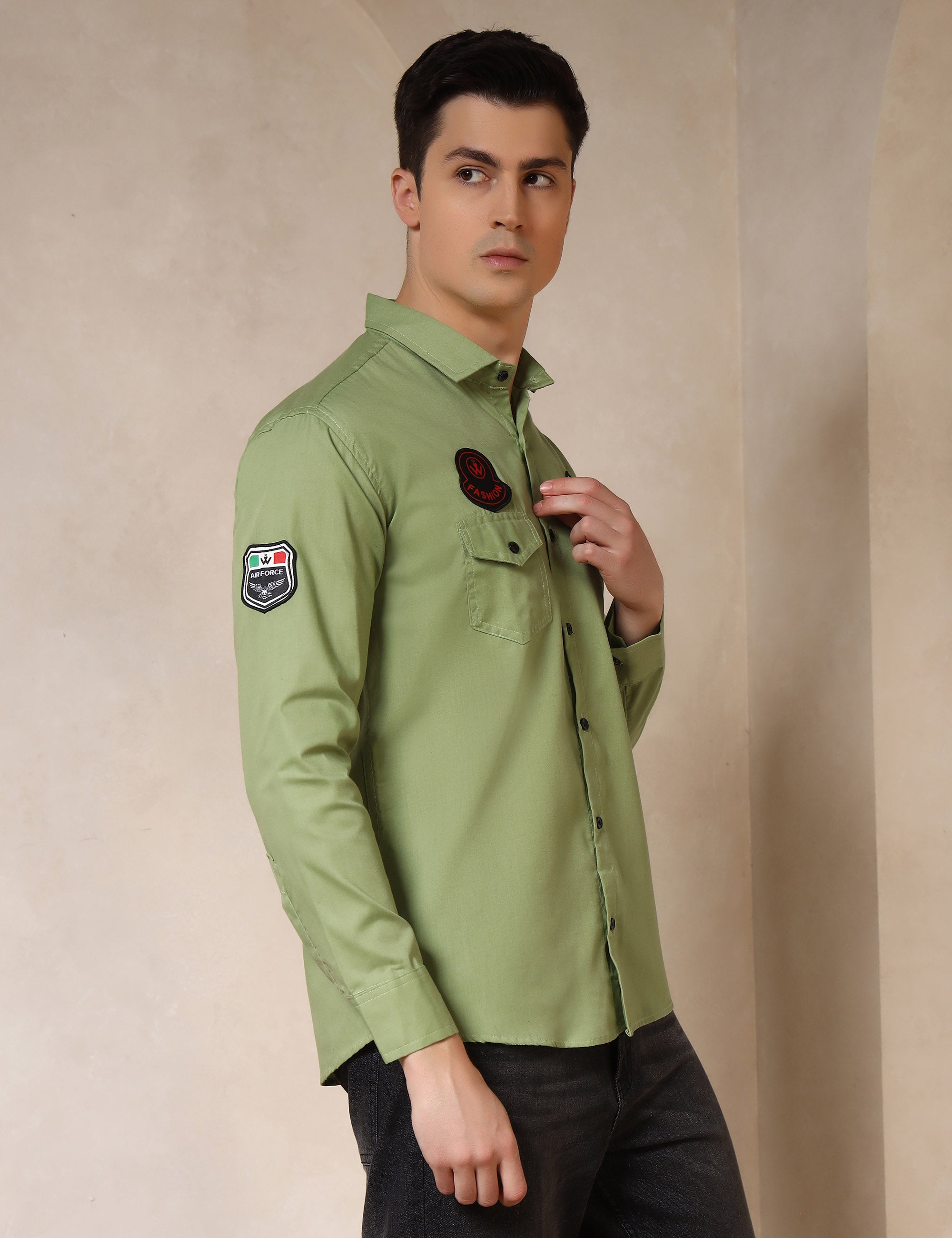 Urban Style Embroidery Patch Light Green Cotton Blend Shirt