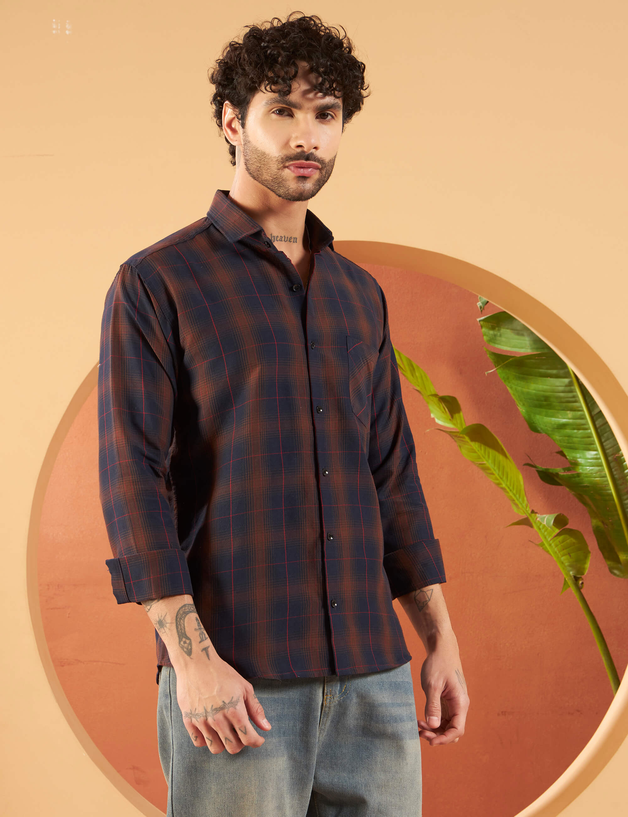 Rust Navy Grid Cotton-Blend Shirt
