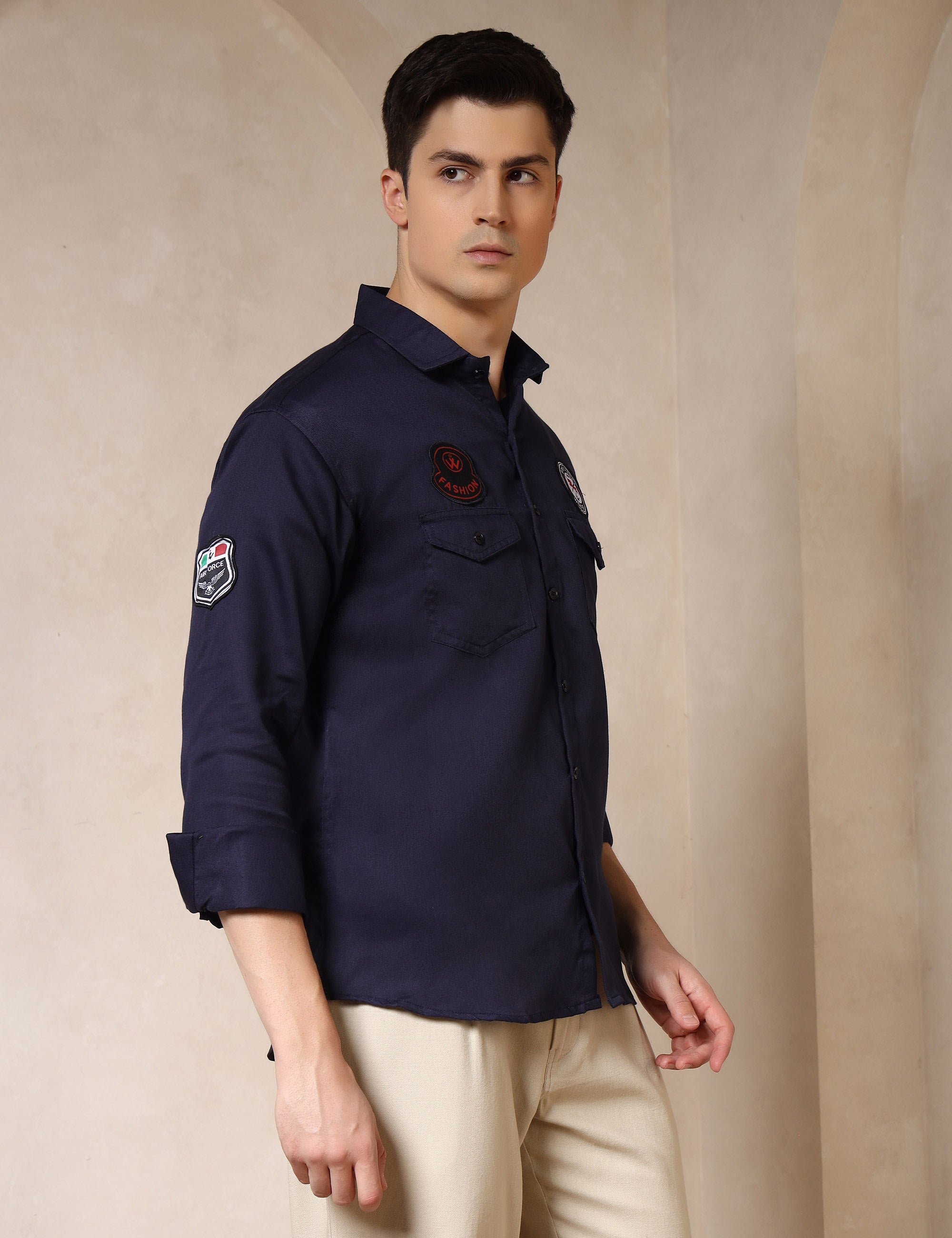 Urban Style Embroidery Patch Navy Blue Cotton Blend Shirt