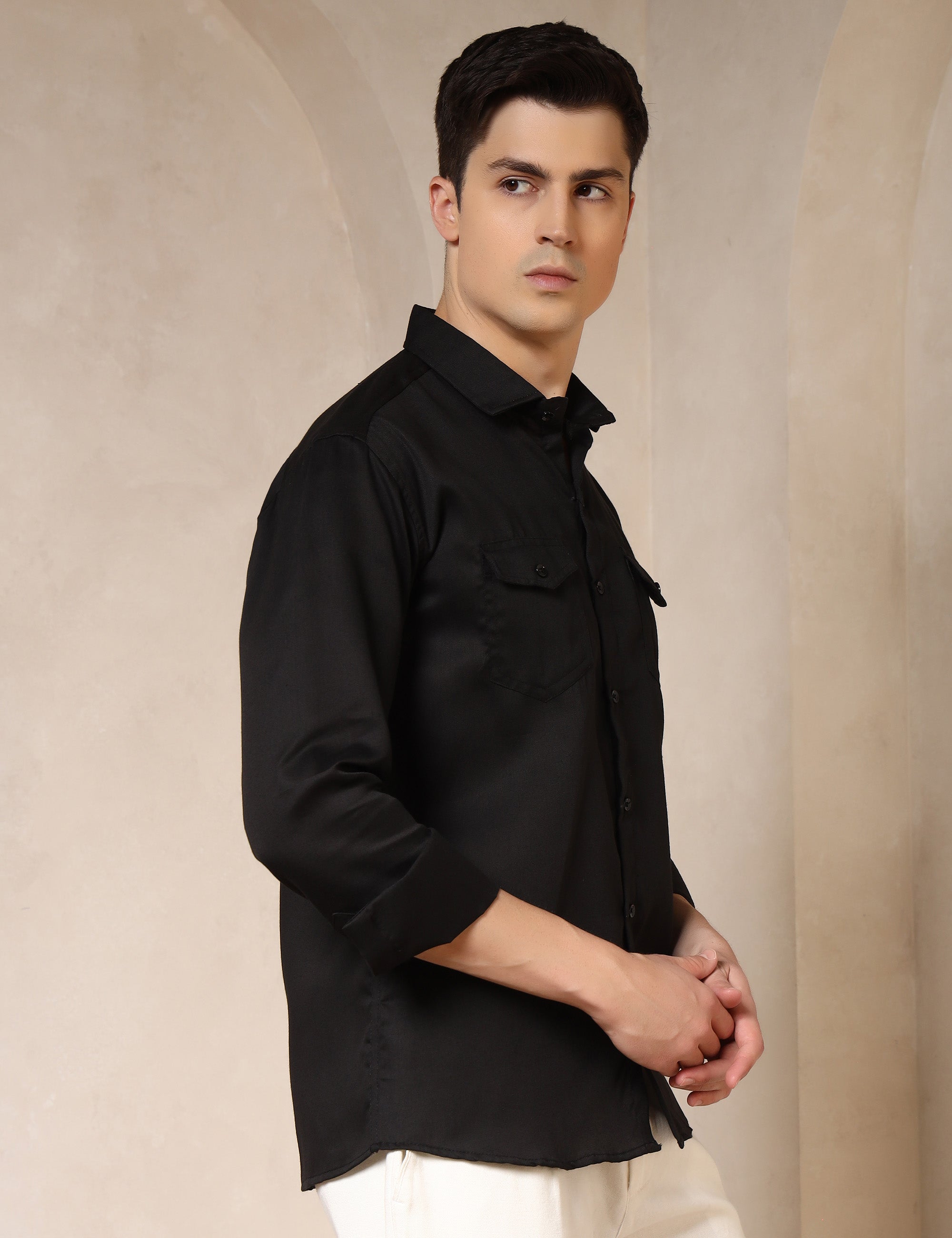 Classic Black Dual Pocket Cotton Blend Shirt