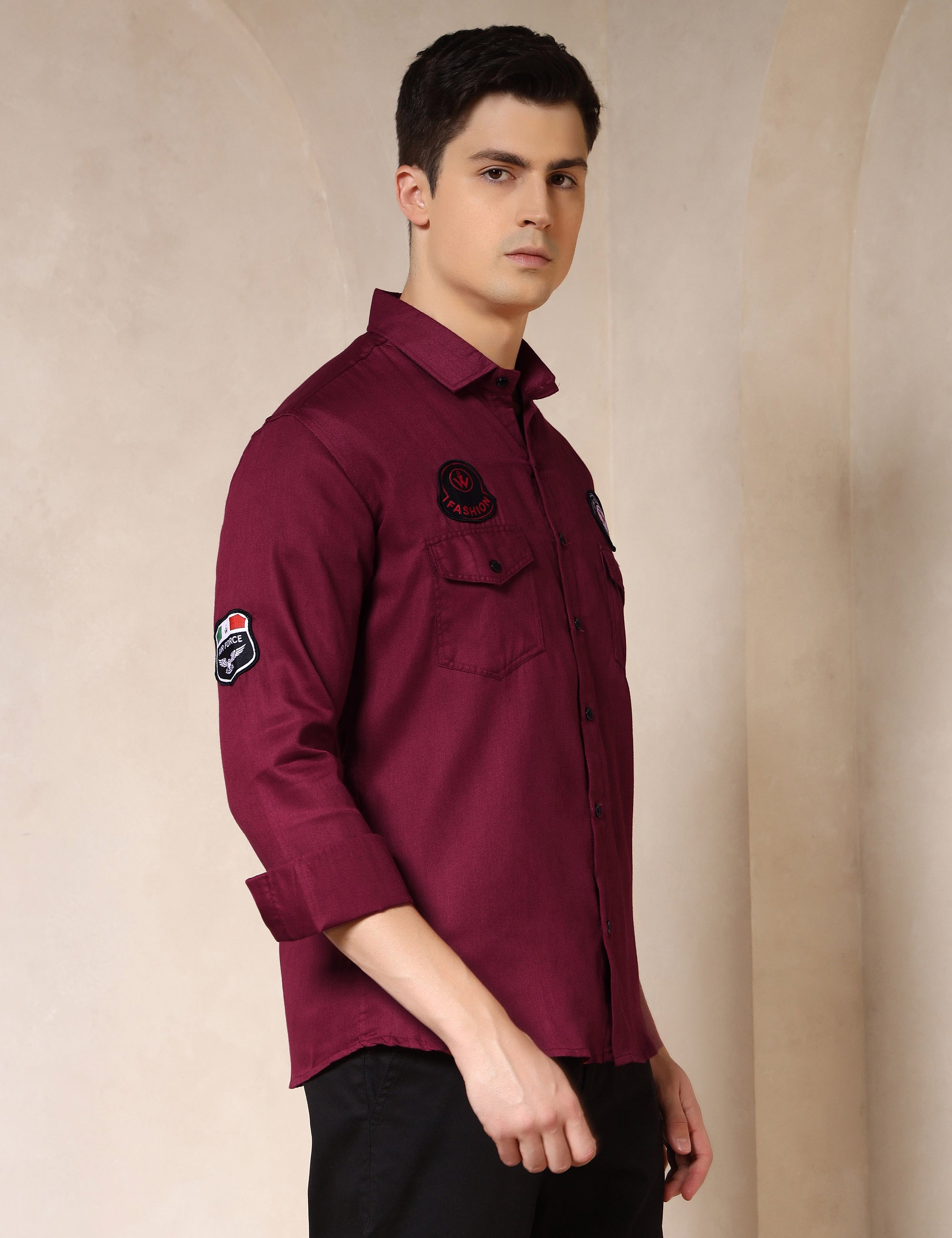 Urban Style Embroidery Patch Maroon Cotton Blend Shirt