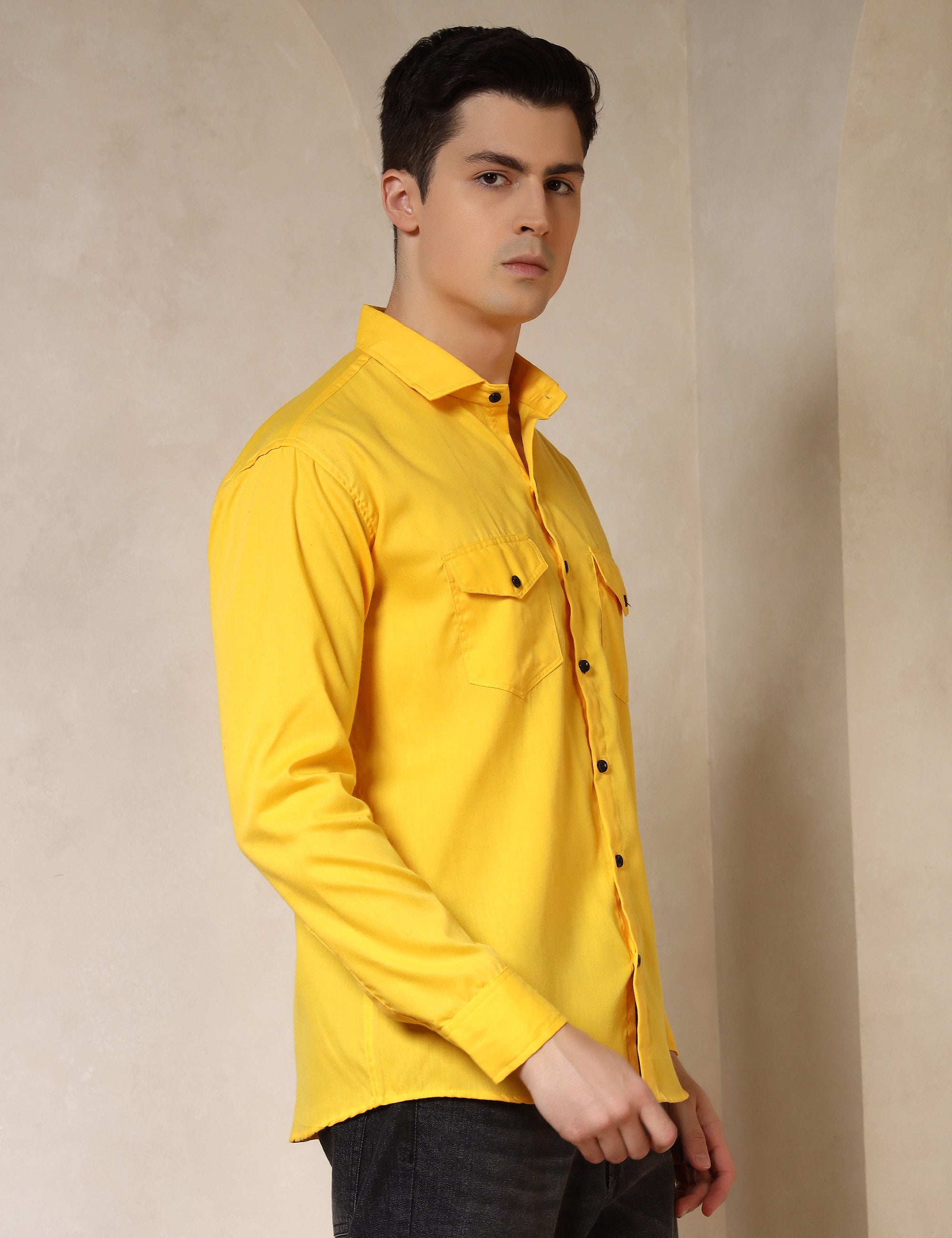 Classic Yellow Dual Pocket Cotton Blend Shirt