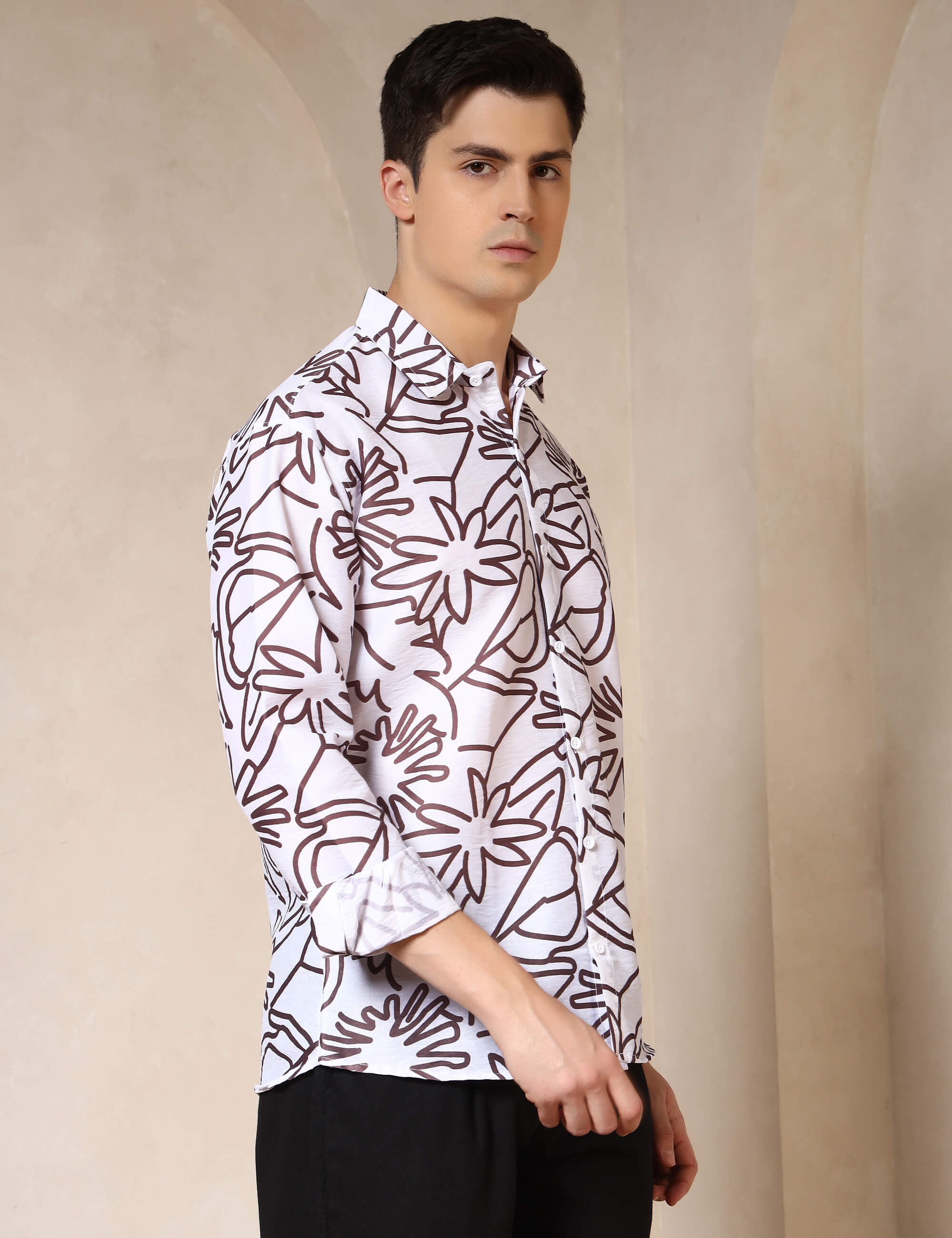 Minimal Floral Line Art Cotton Blend Casual Shirt