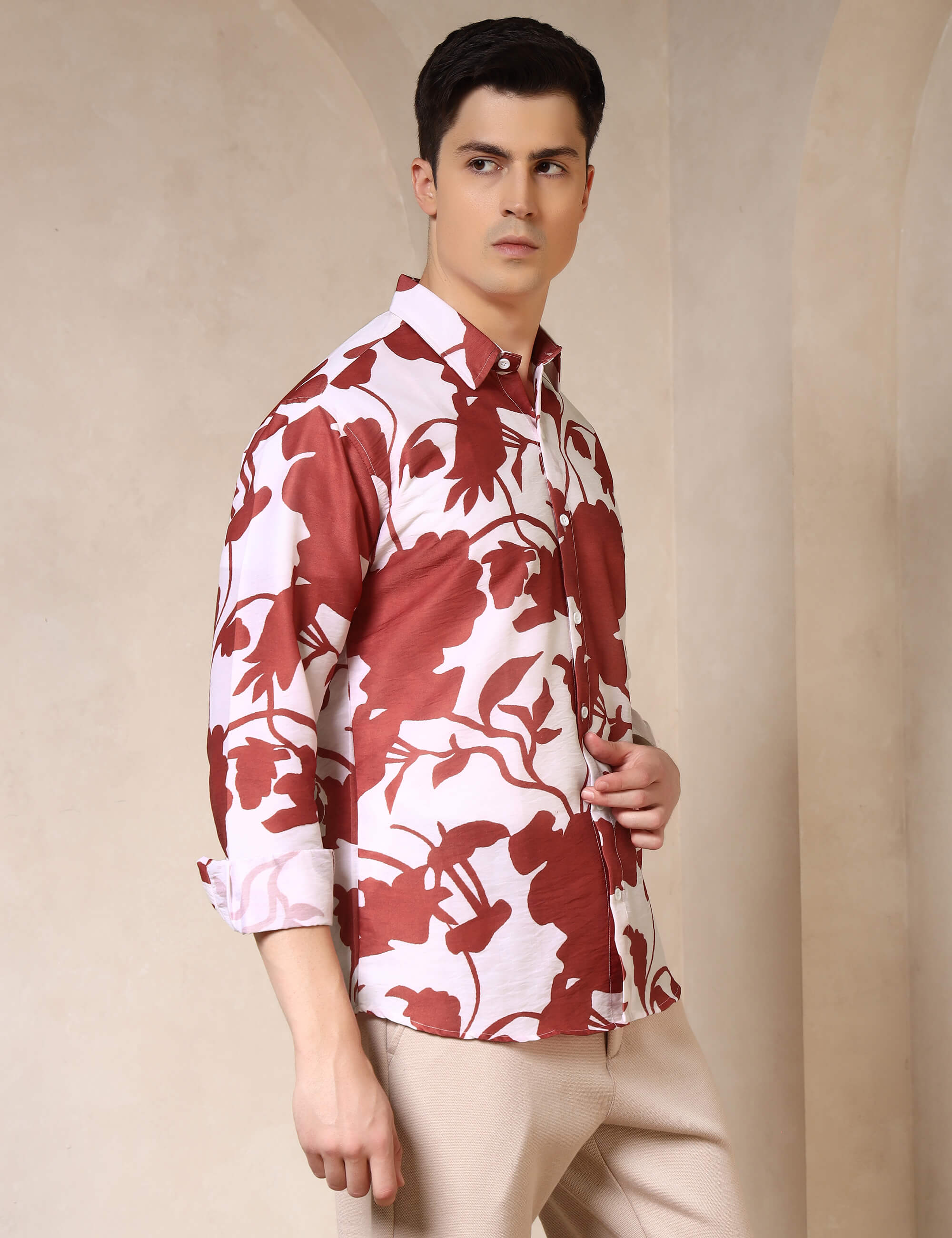 Rust Floral Silhouette Cotton Blend Casual Shirt