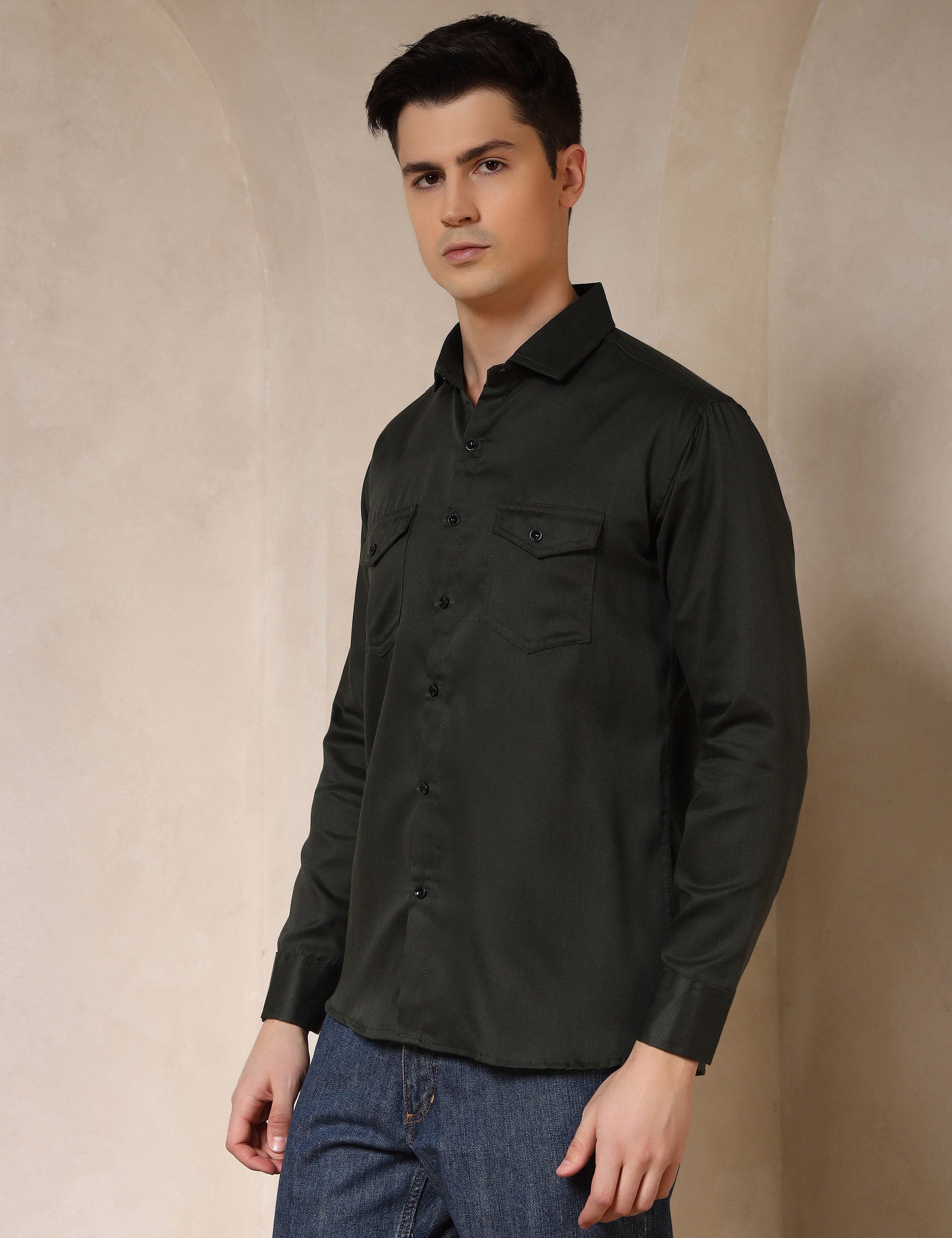 Classic Olive Green Dual Pocket Cotton Blend Shirt