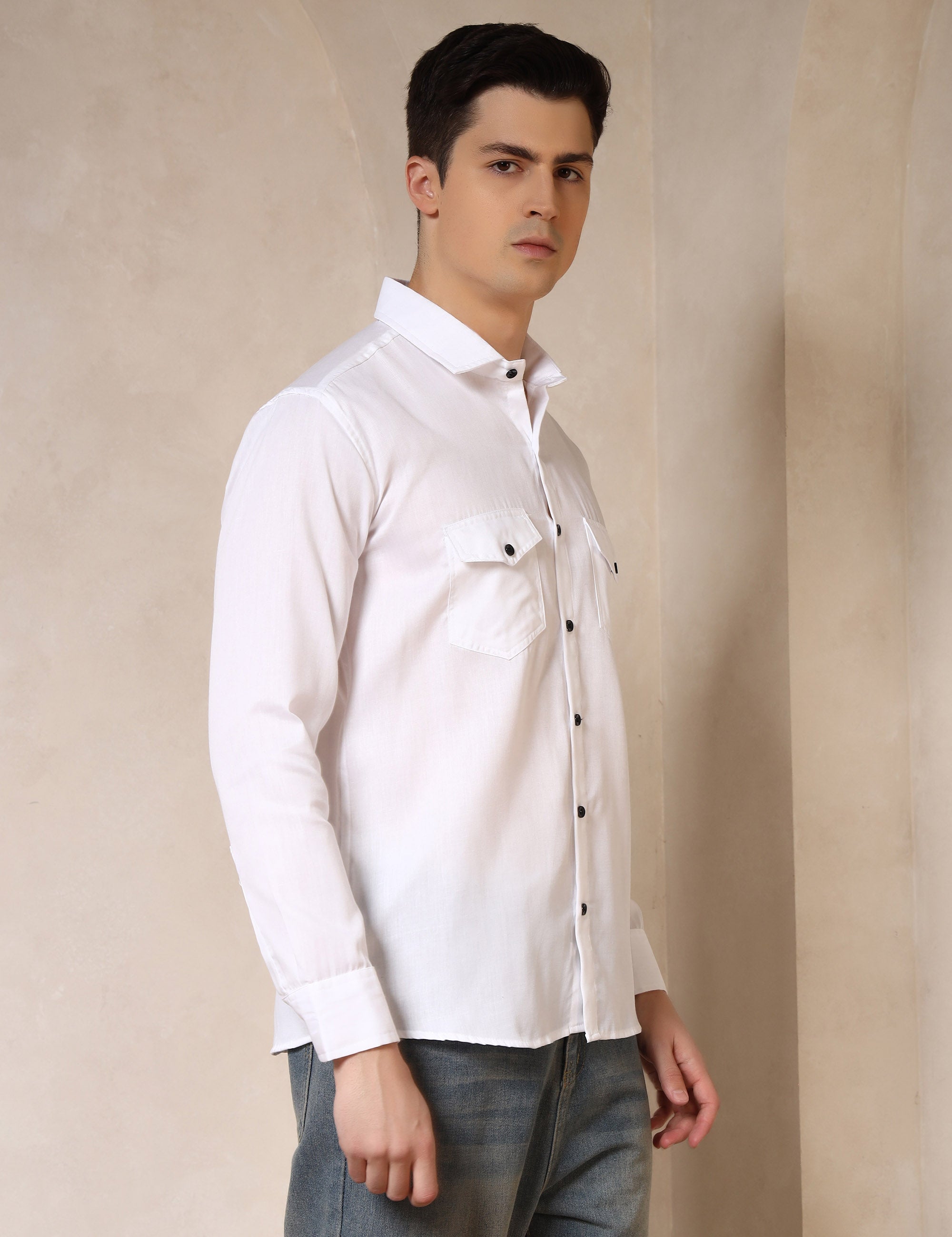 Classic White Dual Pocket Cotton Blend Shirt