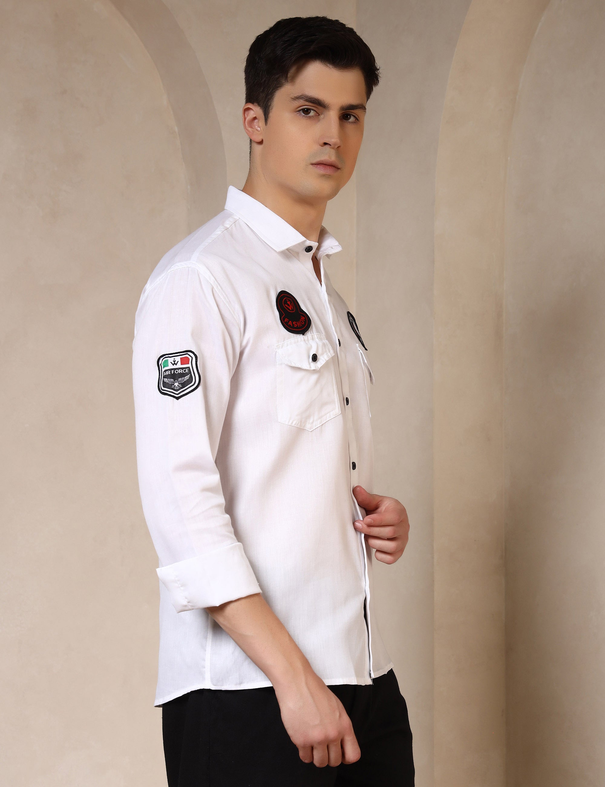 Urban Style Embroidery Patch White Cotton Blend Shirt