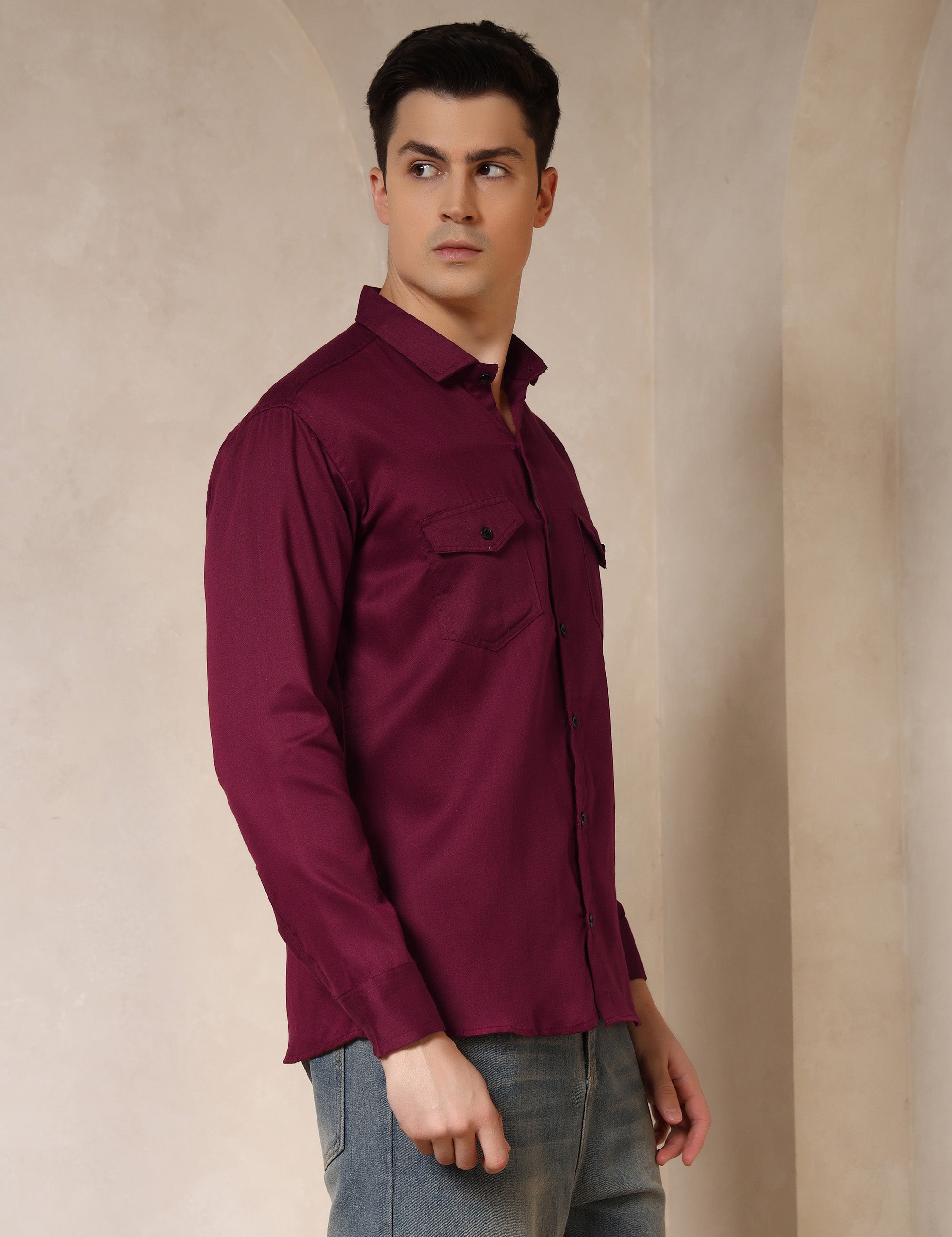 Classic Maroon Dual Pocket Cotton Blend Shirt