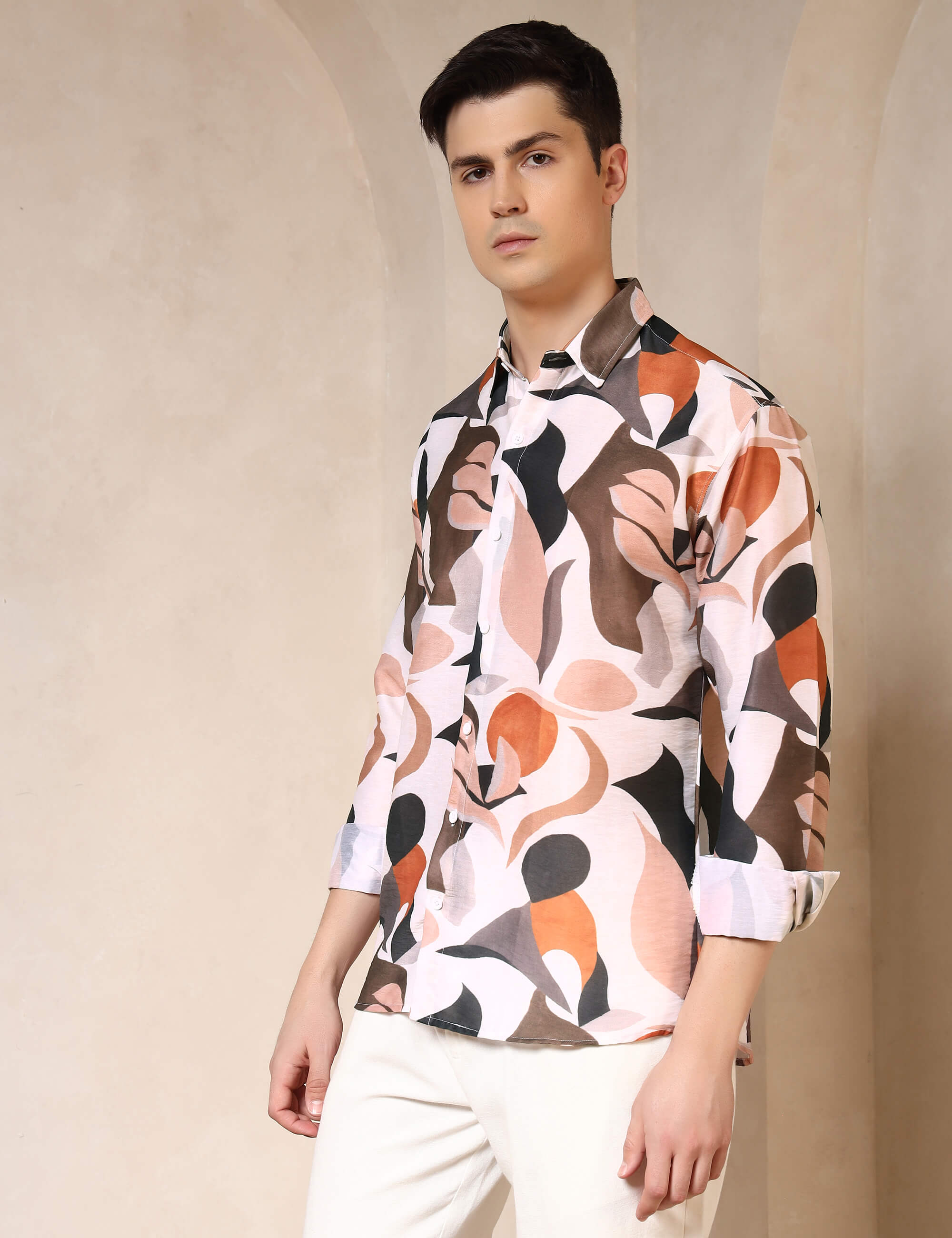 Earth Tone Abstract Cotton Blend Printed Casual Shirt