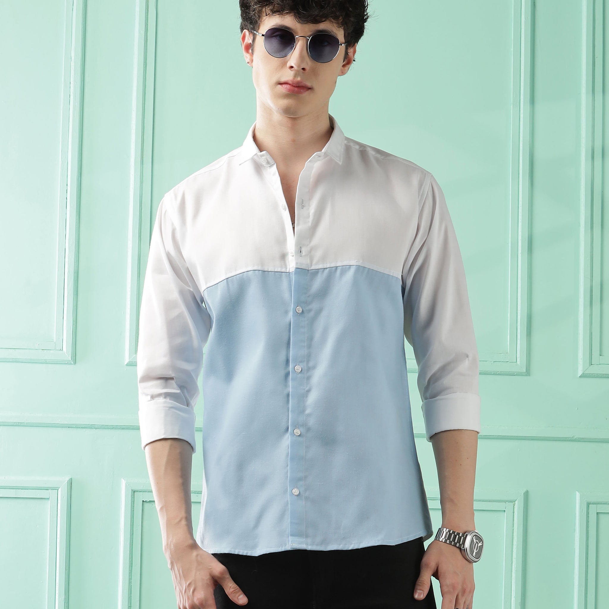 Fresh Wave Two-Tone Cotton Blend Sky Blue Casual Shirt