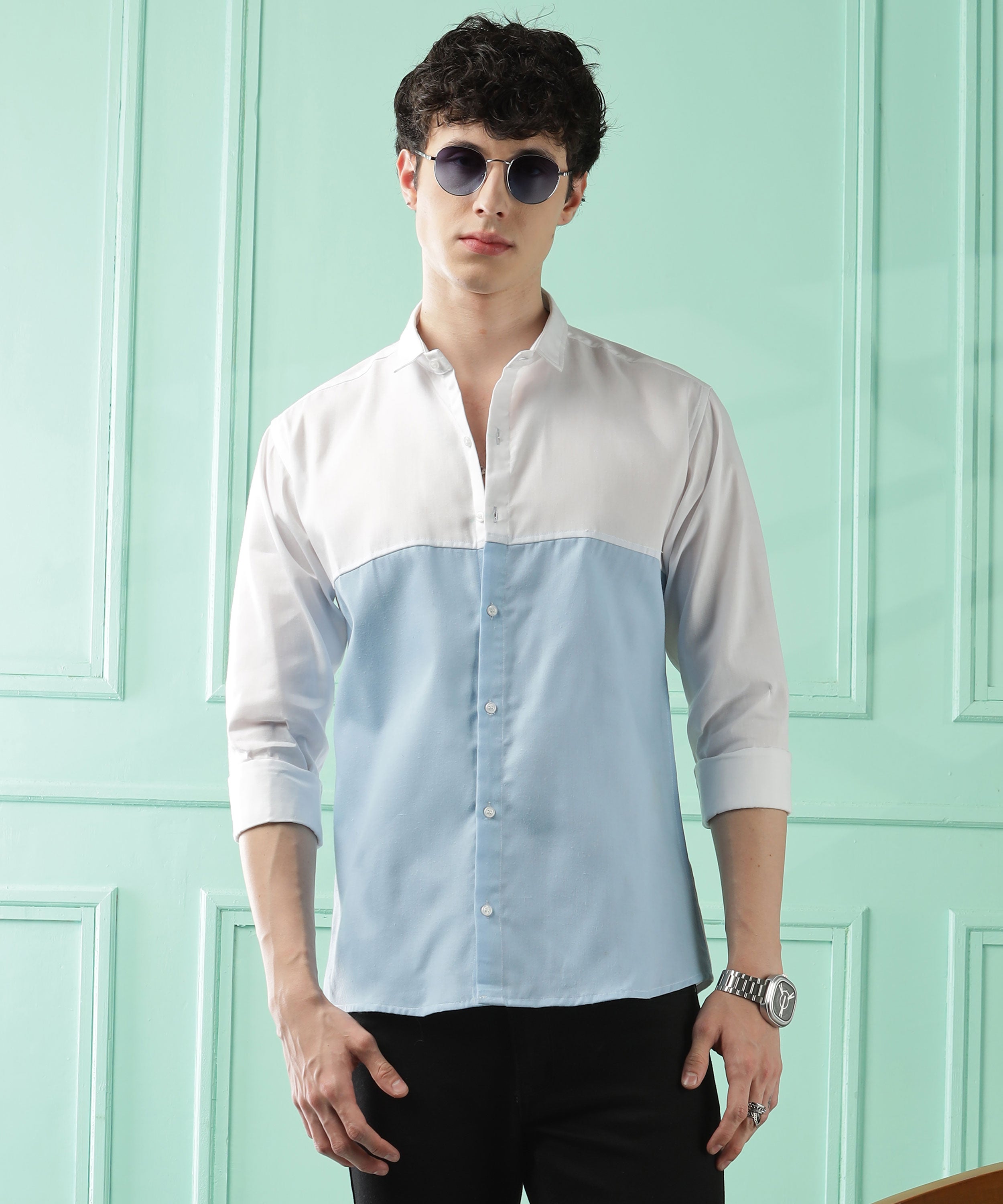Fresh Wave Two-Tone Cotton Blend Sky Blue Casual Shirt