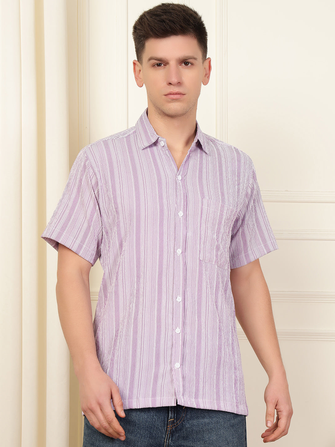Lavender Wave Striped Polyester Blend Shirt