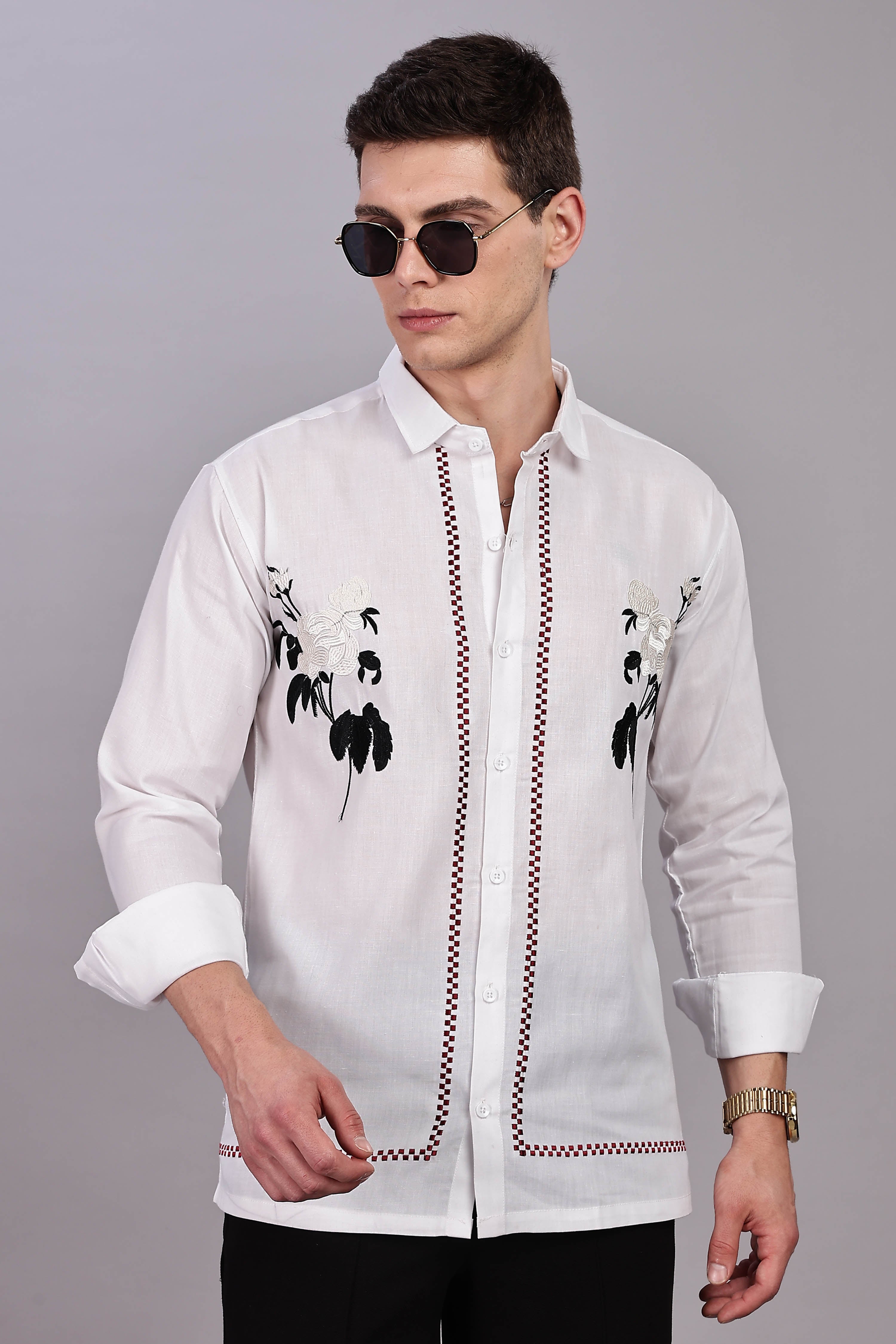 Floral Elegance Embroidered Cotton Blend Shirt