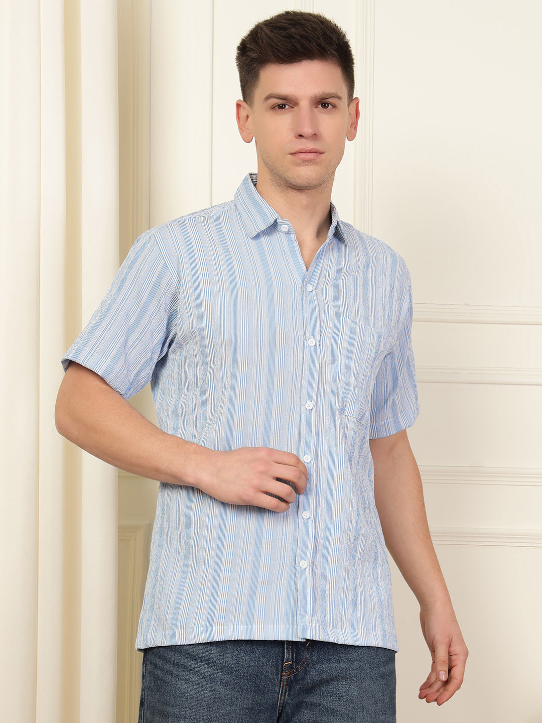 Light Blue Wave Striped Polyester Blend Shirt