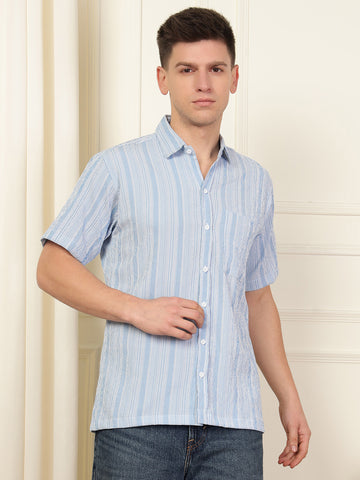 Light Blue Wave Striped Polyester Blend Shirt