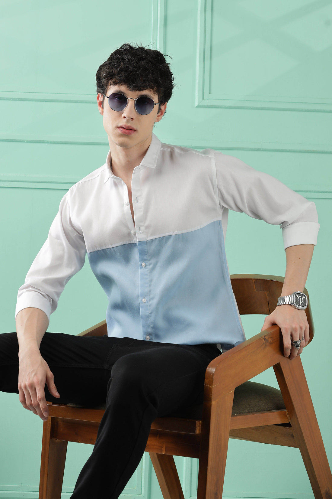 Fresh Wave Two-Tone Cotton Blend Sky Blue Casual Shirt