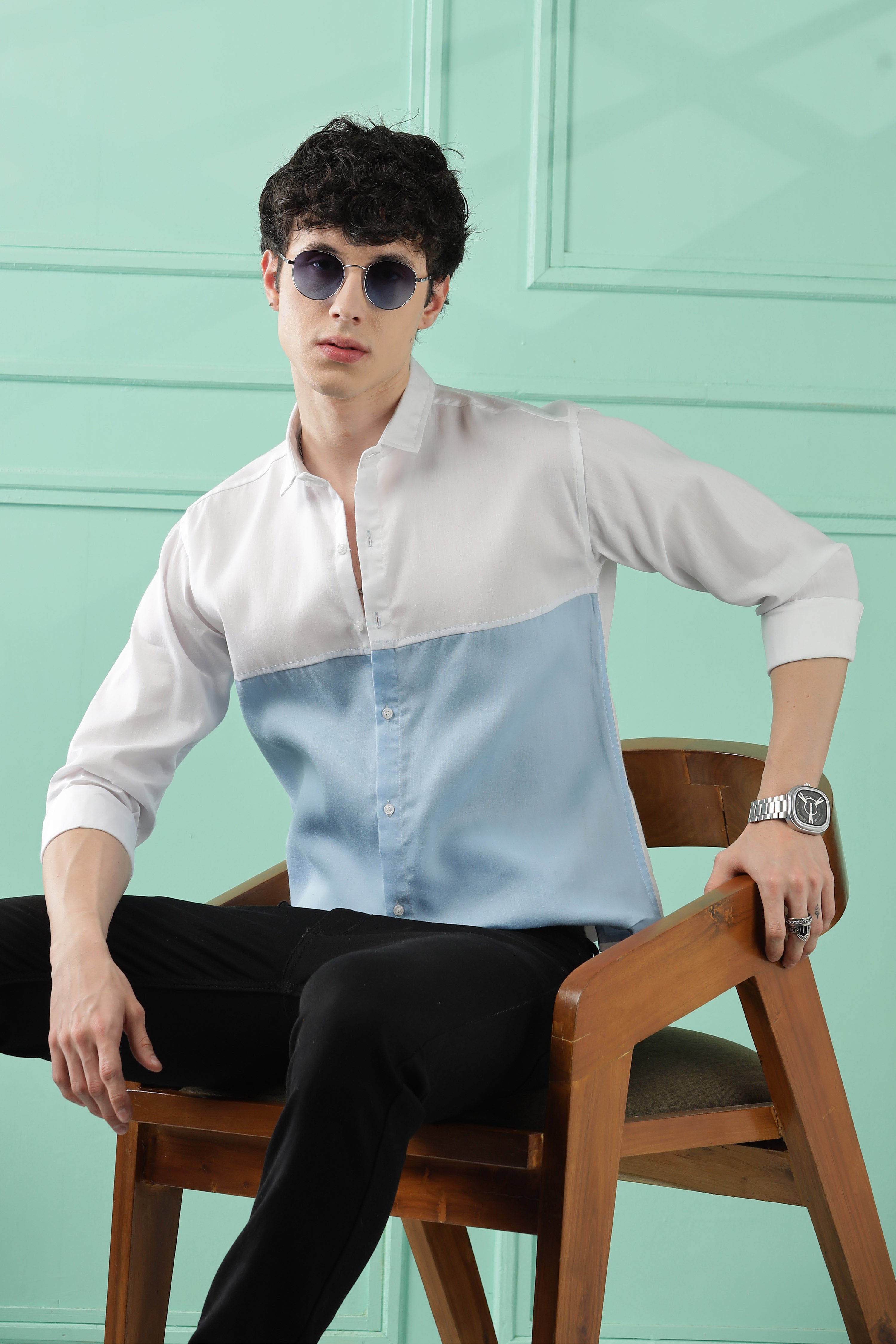 Fresh Wave Two-Tone Cotton Blend Sky Blue Casual Shirt