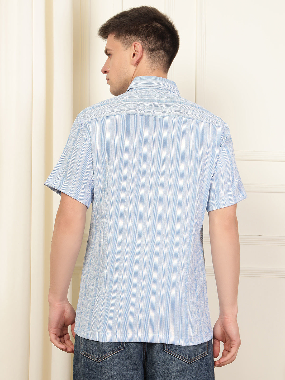 Light Blue Wave Striped Polyester Blend Shirt