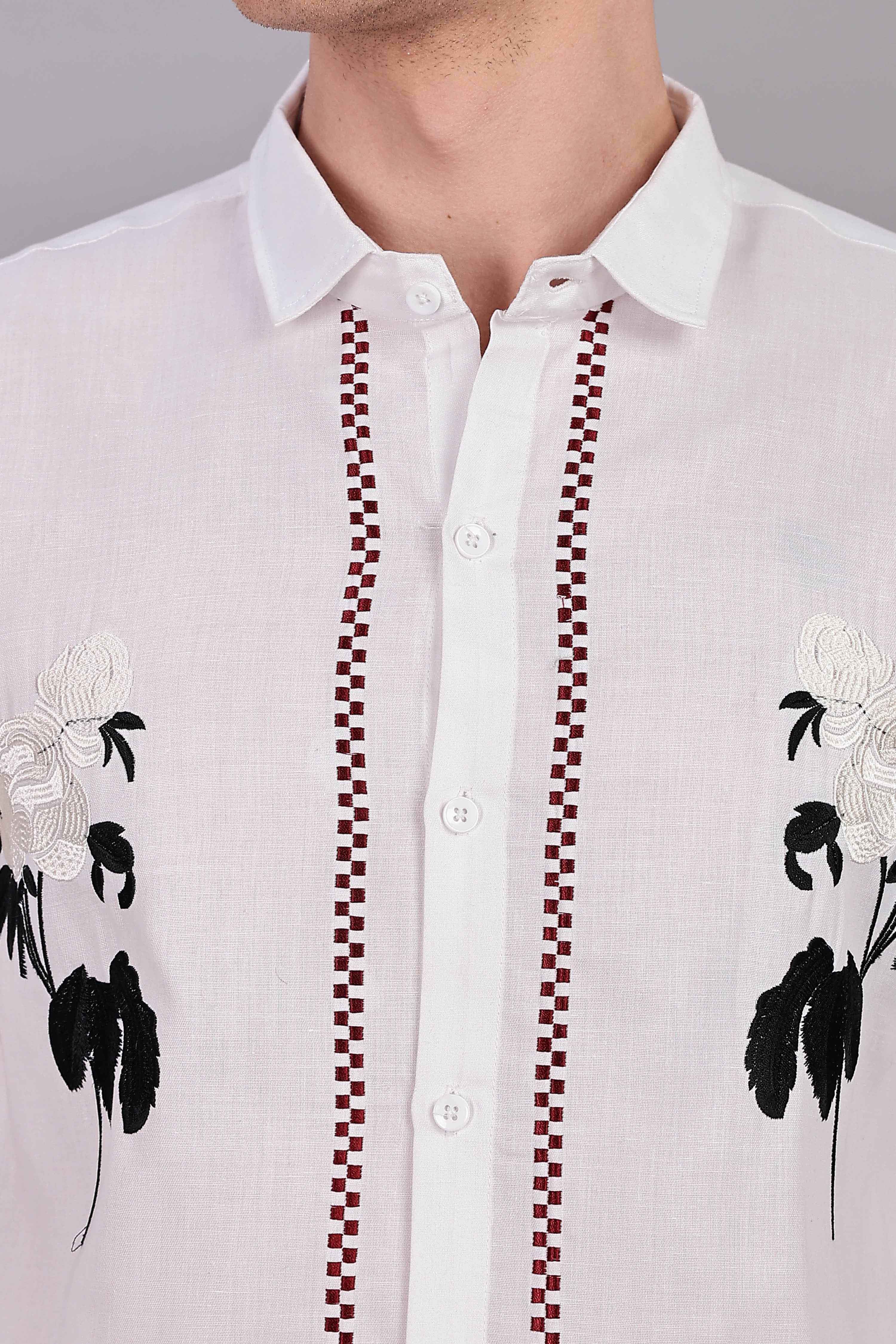 Floral Elegance Embroidered Cotton Blend Shirt