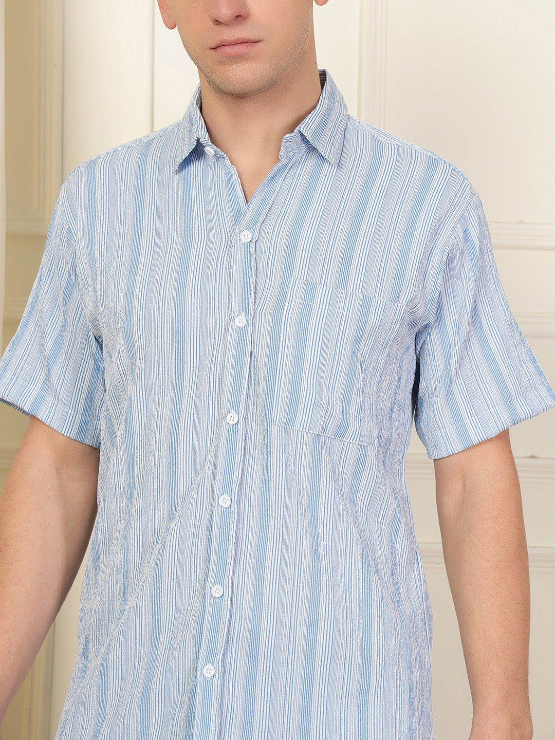 Light Blue Wave Striped Polyester Blend Shirt