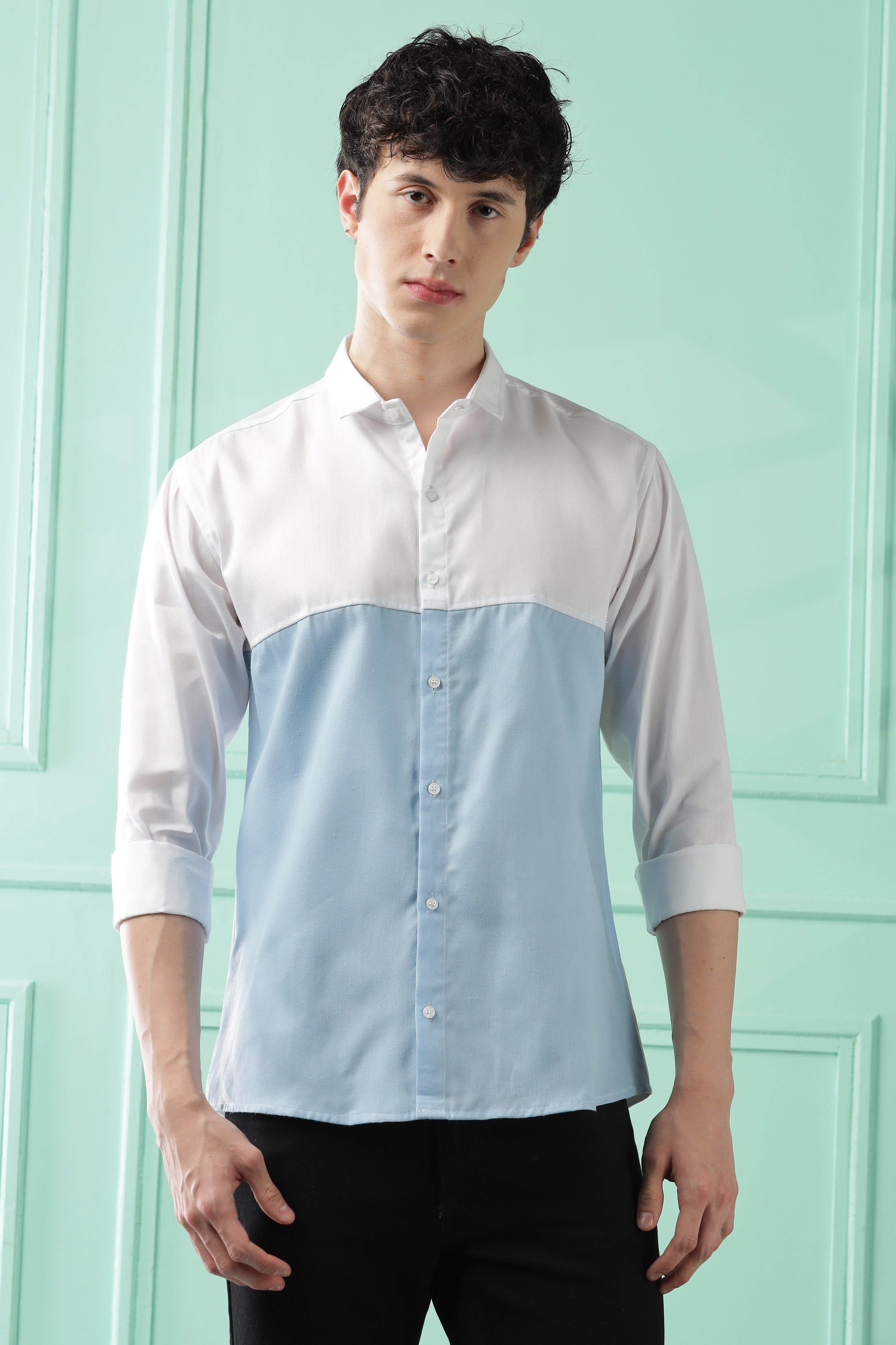 Fresh Wave Two-Tone Cotton Blend Sky Blue Casual Shirt