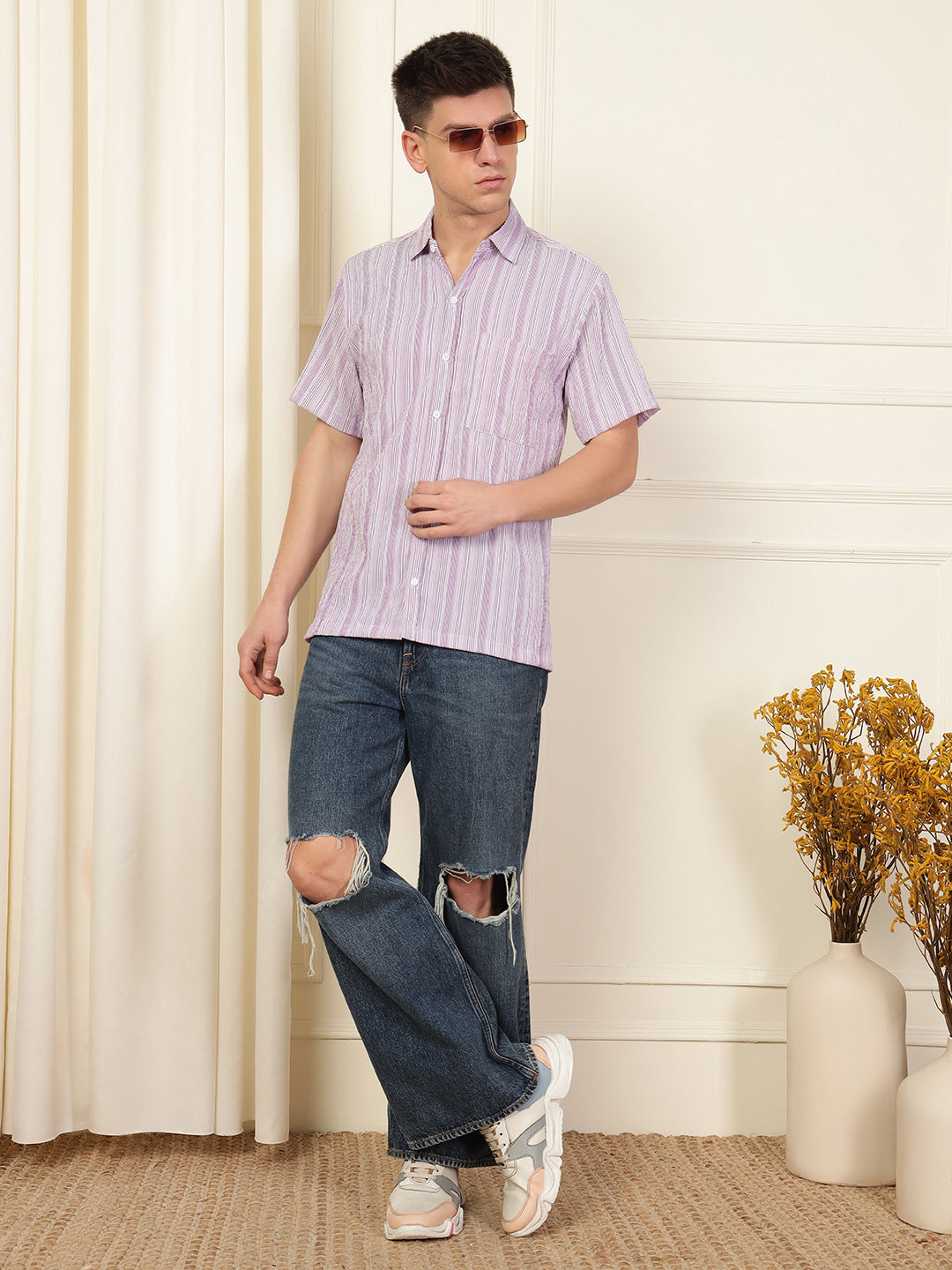 Lavender Wave Striped Polyester Blend Shirt