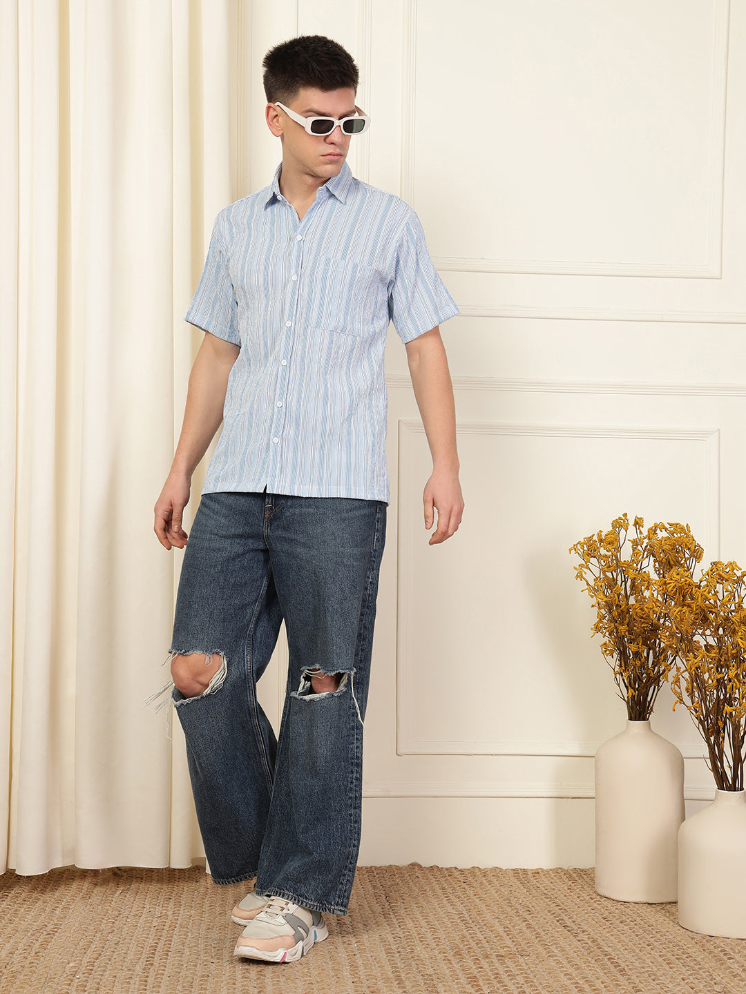 Light Blue Wave Striped Polyester Blend Shirt