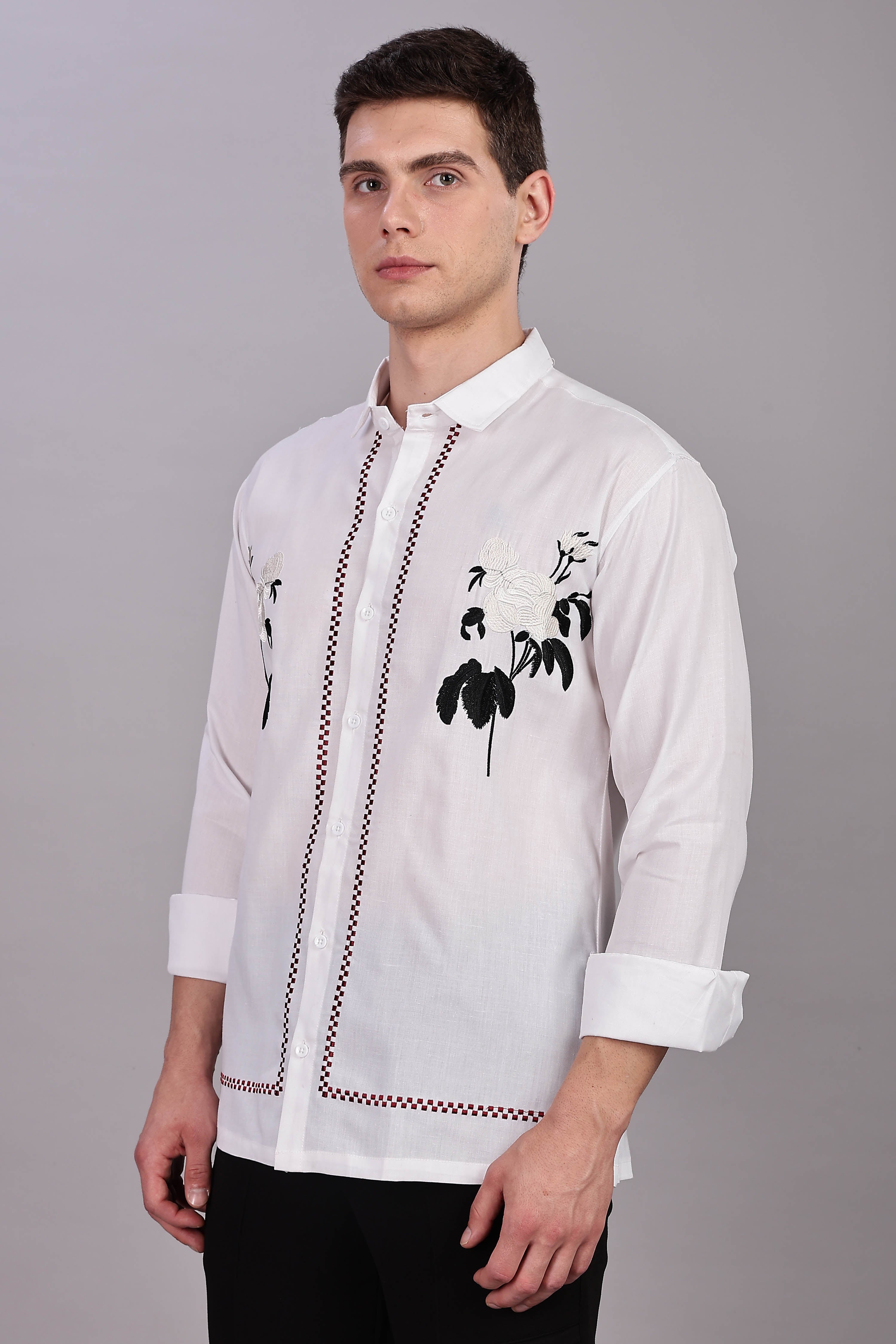 Floral Elegance Embroidered Cotton Blend Shirt