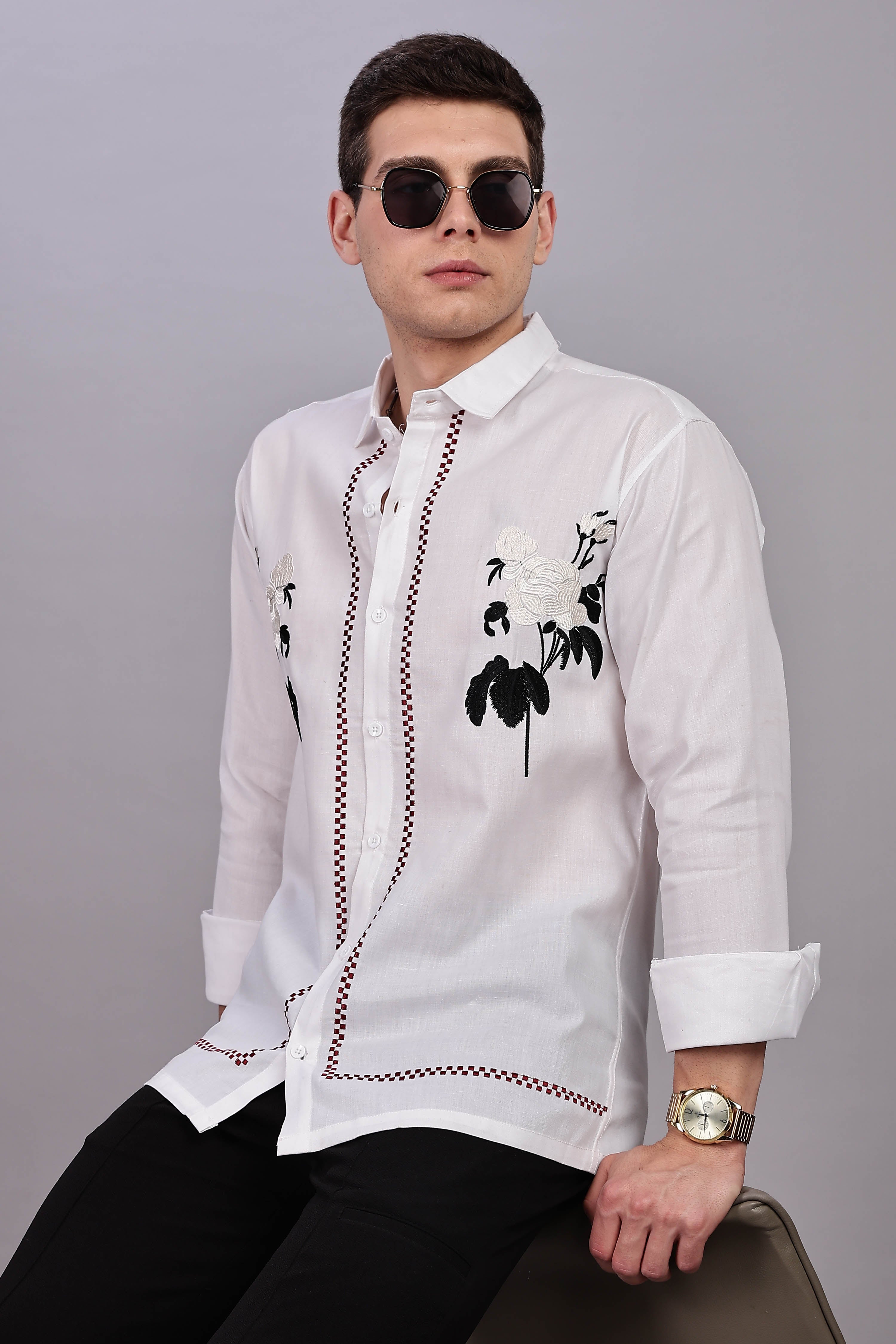 Floral Elegance Embroidered Cotton Blend Shirt