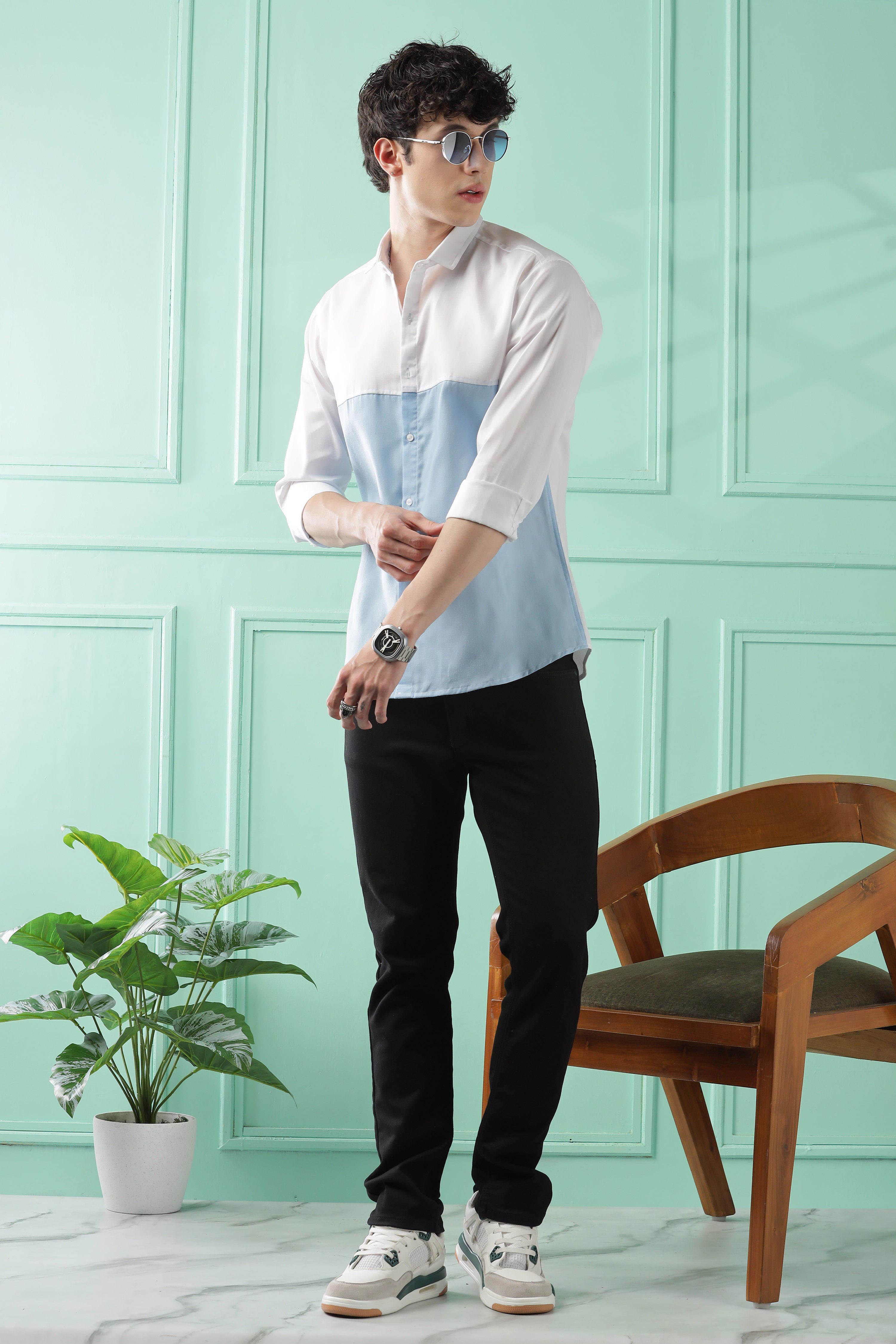 Fresh Wave Two-Tone Cotton Blend Sky Blue Casual Shirt