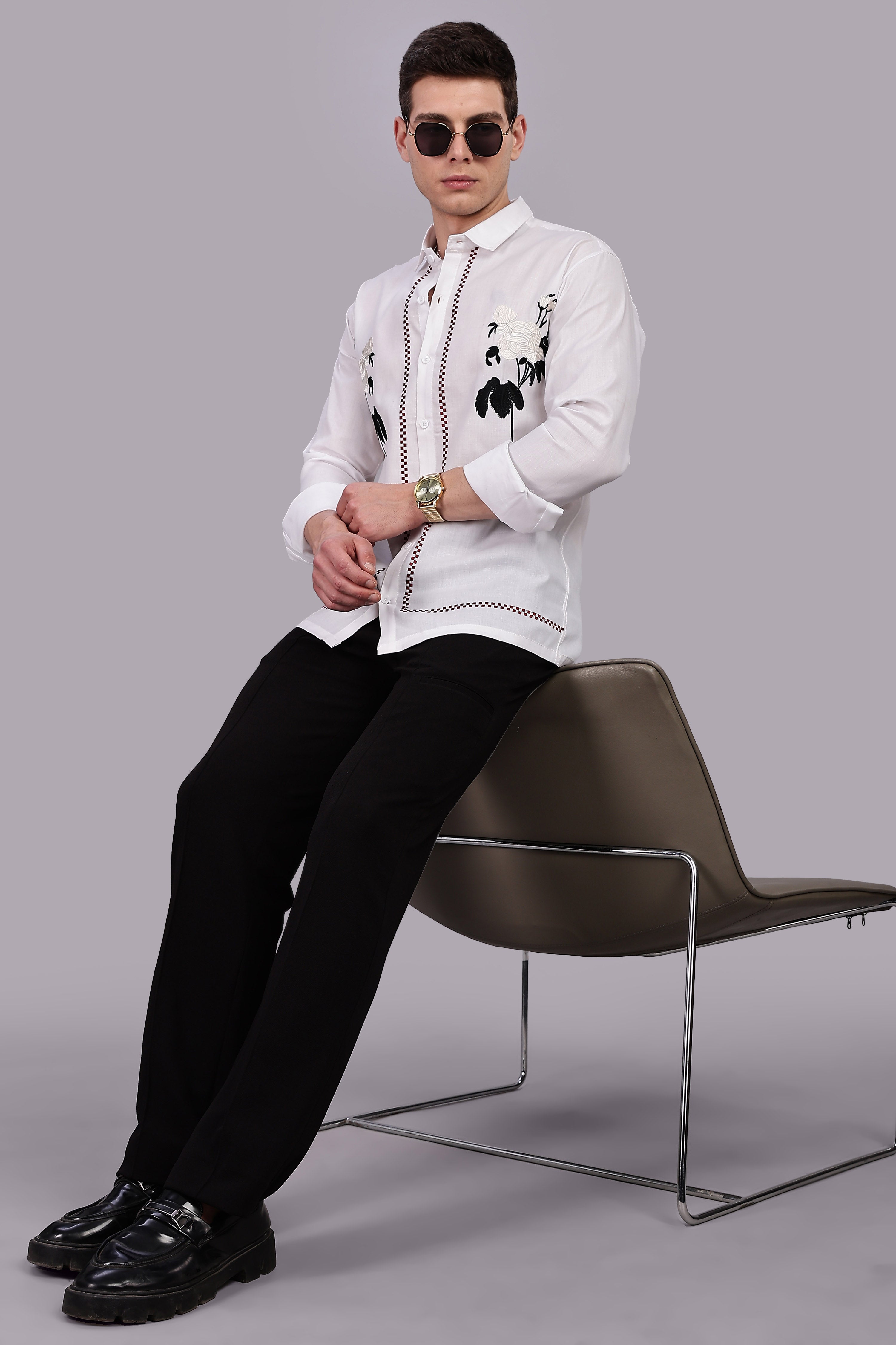 Floral Elegance Embroidered Cotton Blend Shirt